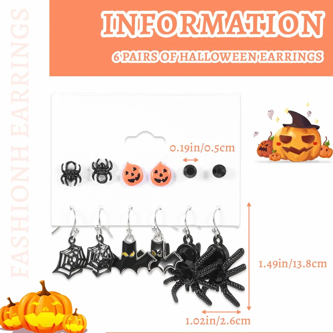 Juego de 6 pares de aretes de Halloween, aretes divertidos de calabaza, murciélago y araña, colgantes con temática de araña, decoraciones para niñas y mujeres