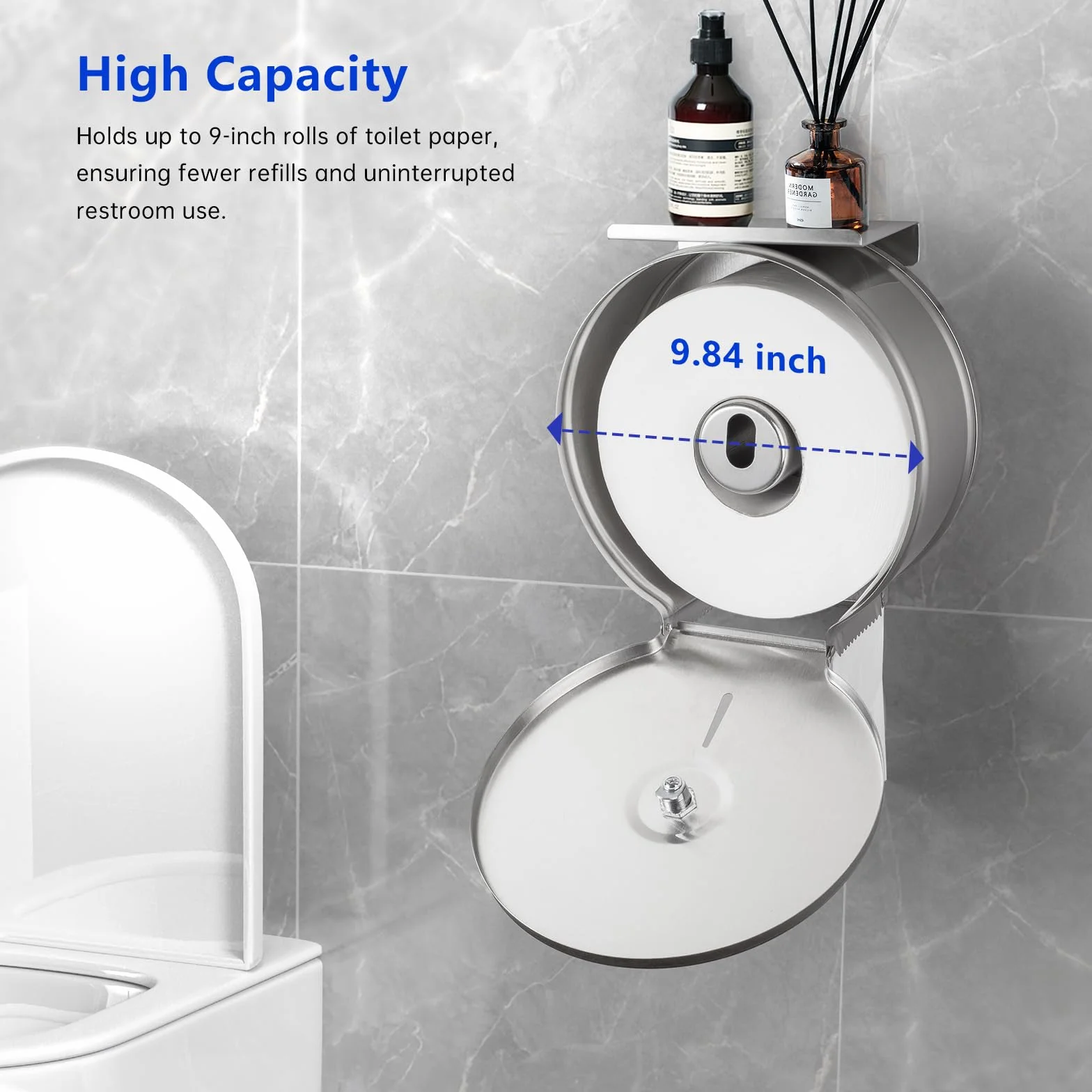 Gorlary Dispensador de Papel Higiénico Gigante Comercial con Estante, Soporte de Acero Inoxidable para Montaje en Pared Plateado