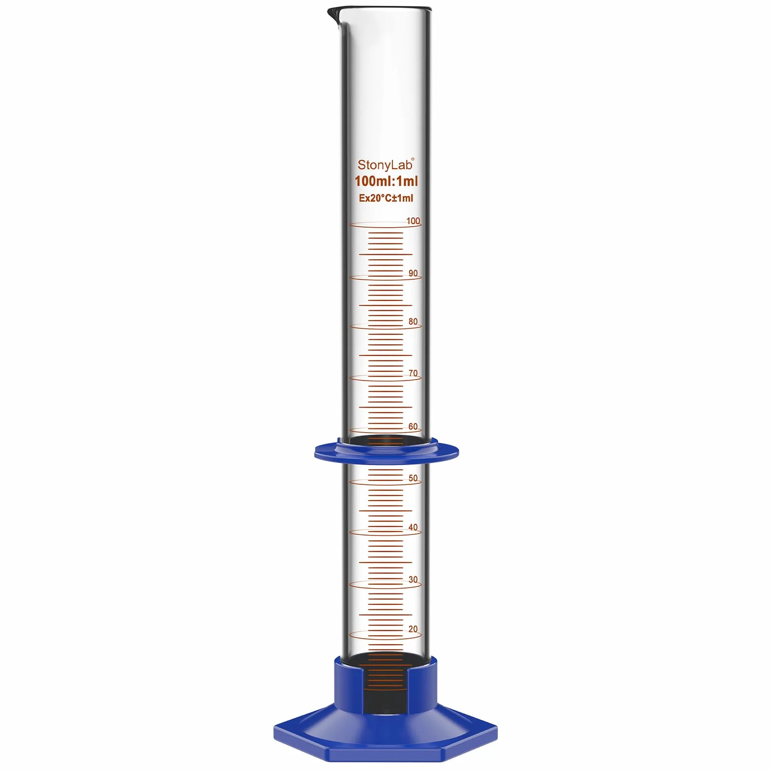 Cilindro Graduado de Vidrio Borosilicato 100 ml con Base Hexagonal de Plástico y Collar Protector para Laboratorio