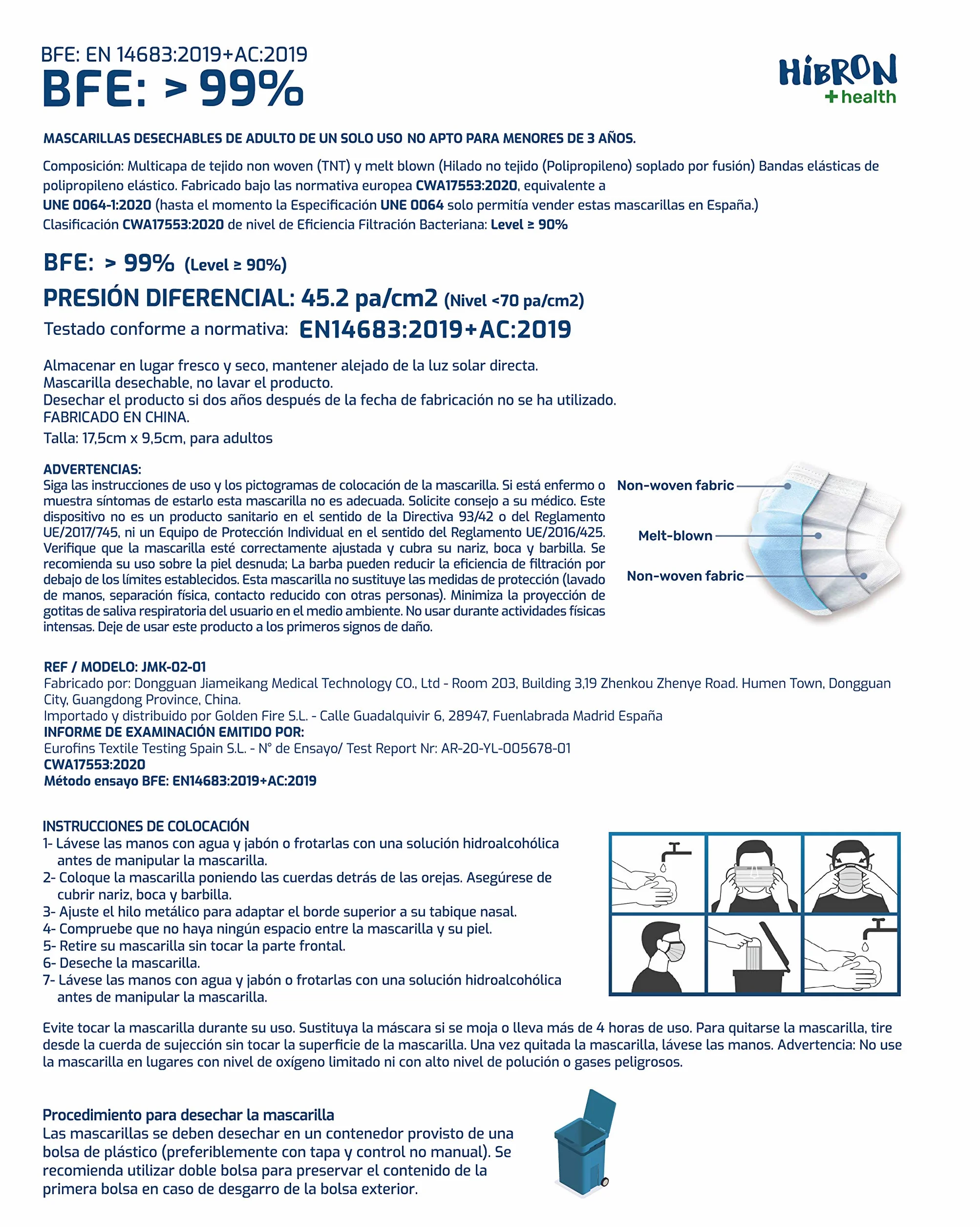 HIBRON Mascarillas Desechables Homologadas CWA 17553:2020 BFE >99% EN14683:2019