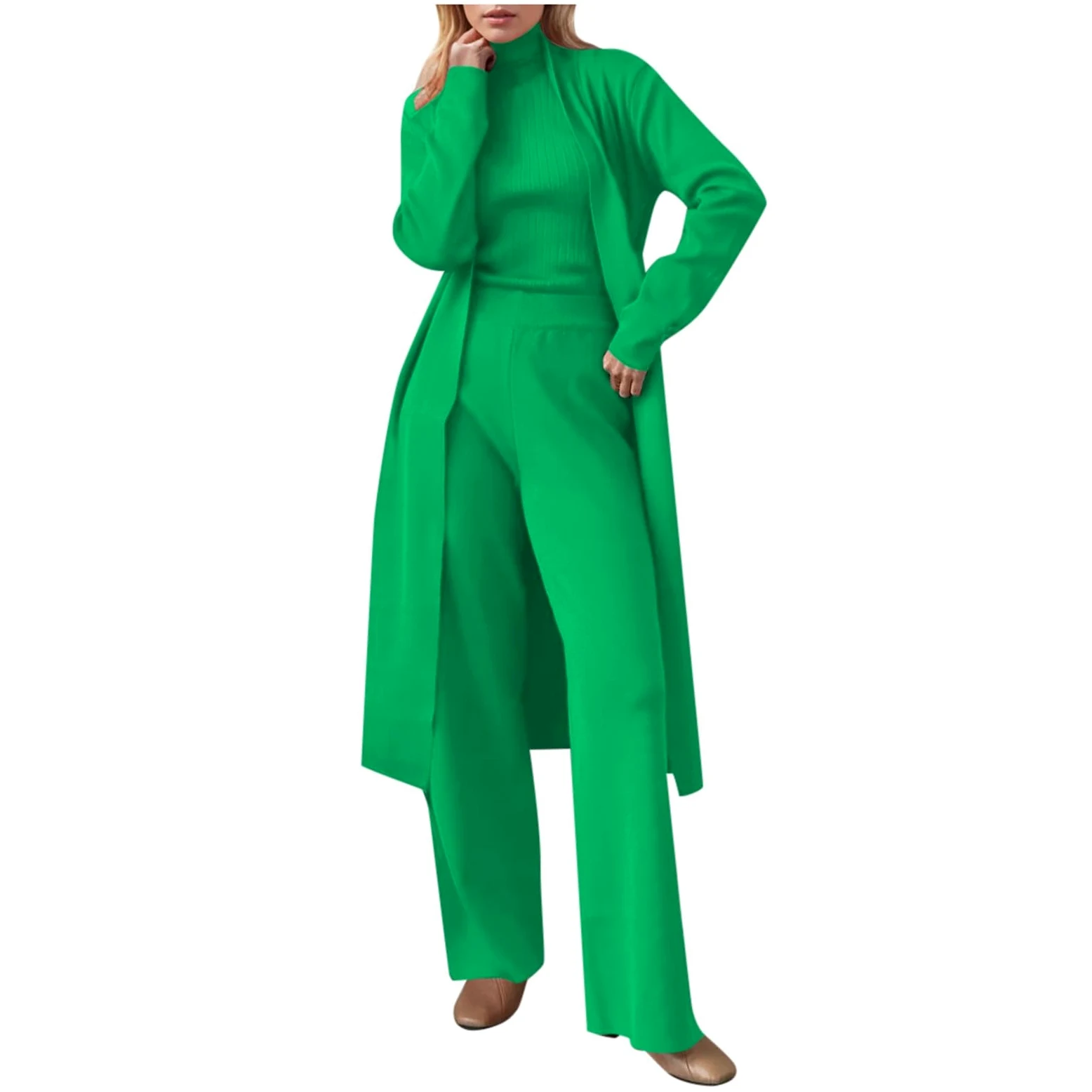 Generisch Primavera Otoño 3 Piezas Mujeres Cardigan Chándales Pantalones de Punto Conjunto de Suéter Traje Moda 3 Piezas