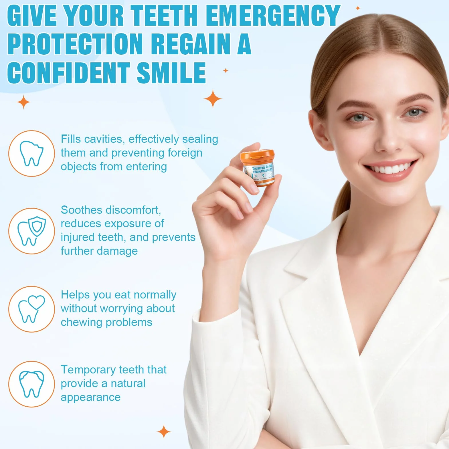 Empaste Dental Profesional, Cemento Dental para Relleno Temporal de Caries y Restauración de Emergencia, 15g