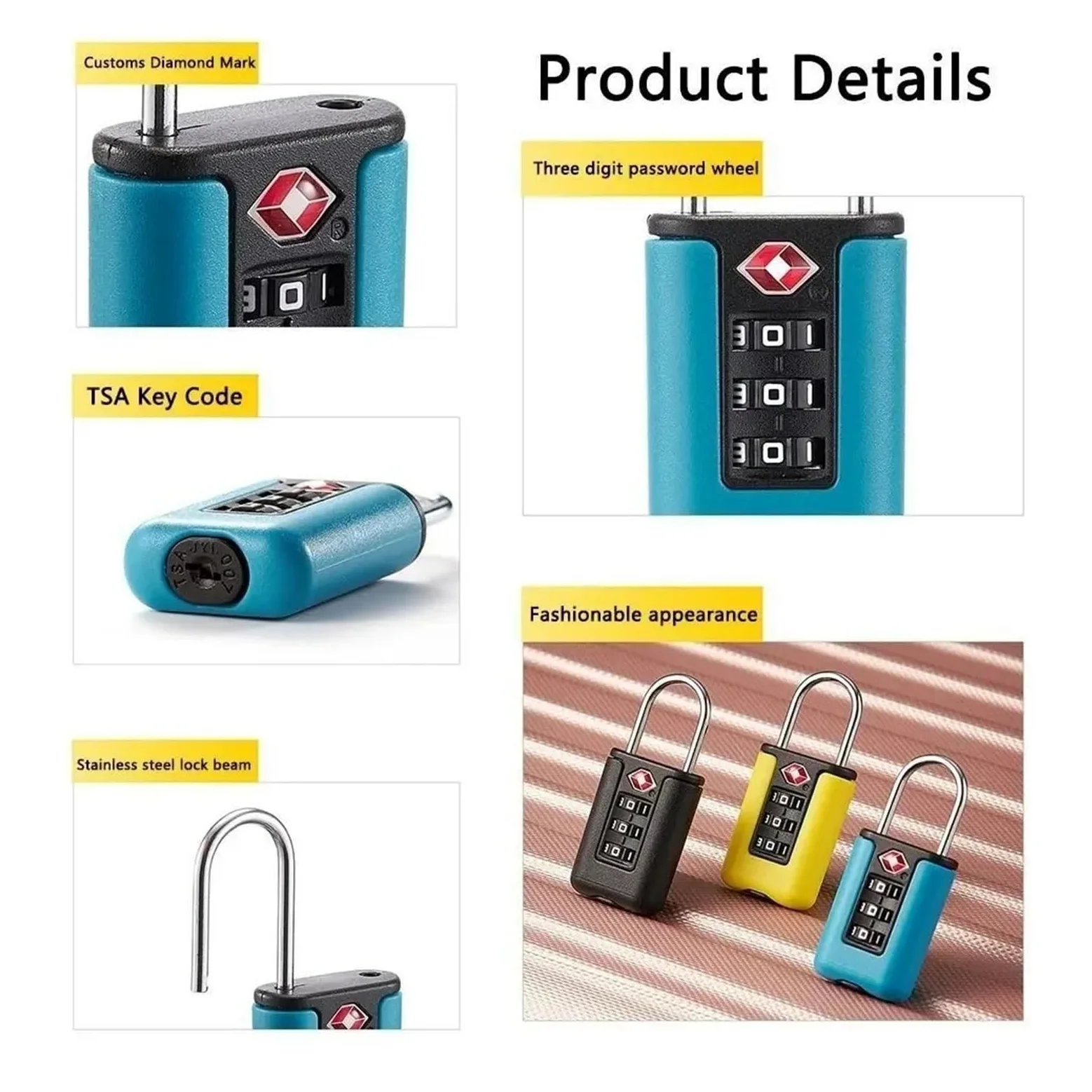 Customs - Candado de código colorido para equipaje de viaje, contraseña cambiable (amarillo 2)