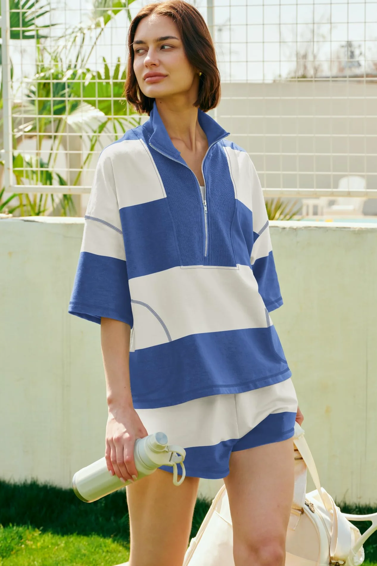 ReachMe Conjunto de 2 piezas de pantalones cortos a rayas para mujer, conjunto de verano a juego con camiseta y pantalones cortos con bolsillos