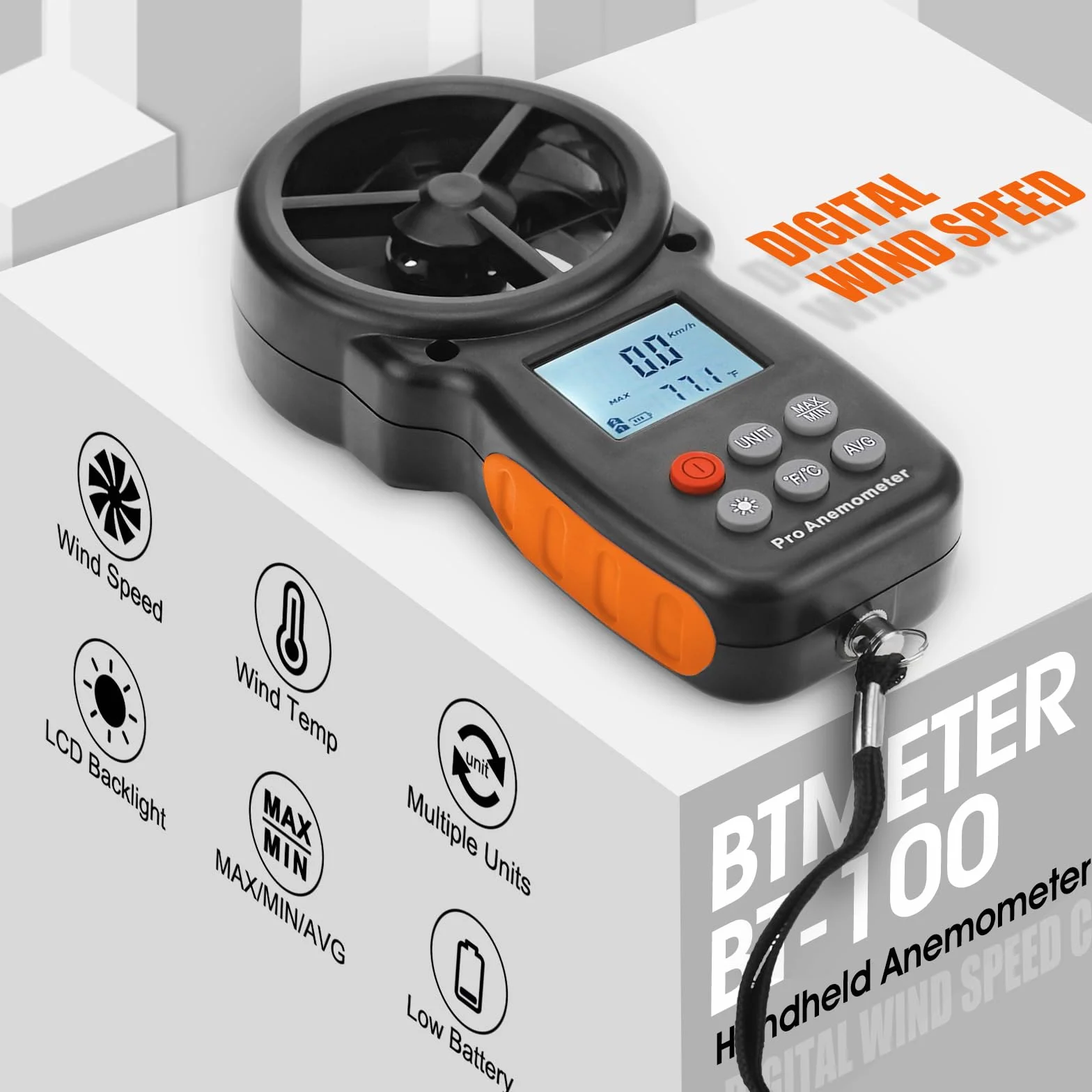 BTMETER Anemómetro digital BT-100 de mano medidor velocidad viento temperatura HVAC