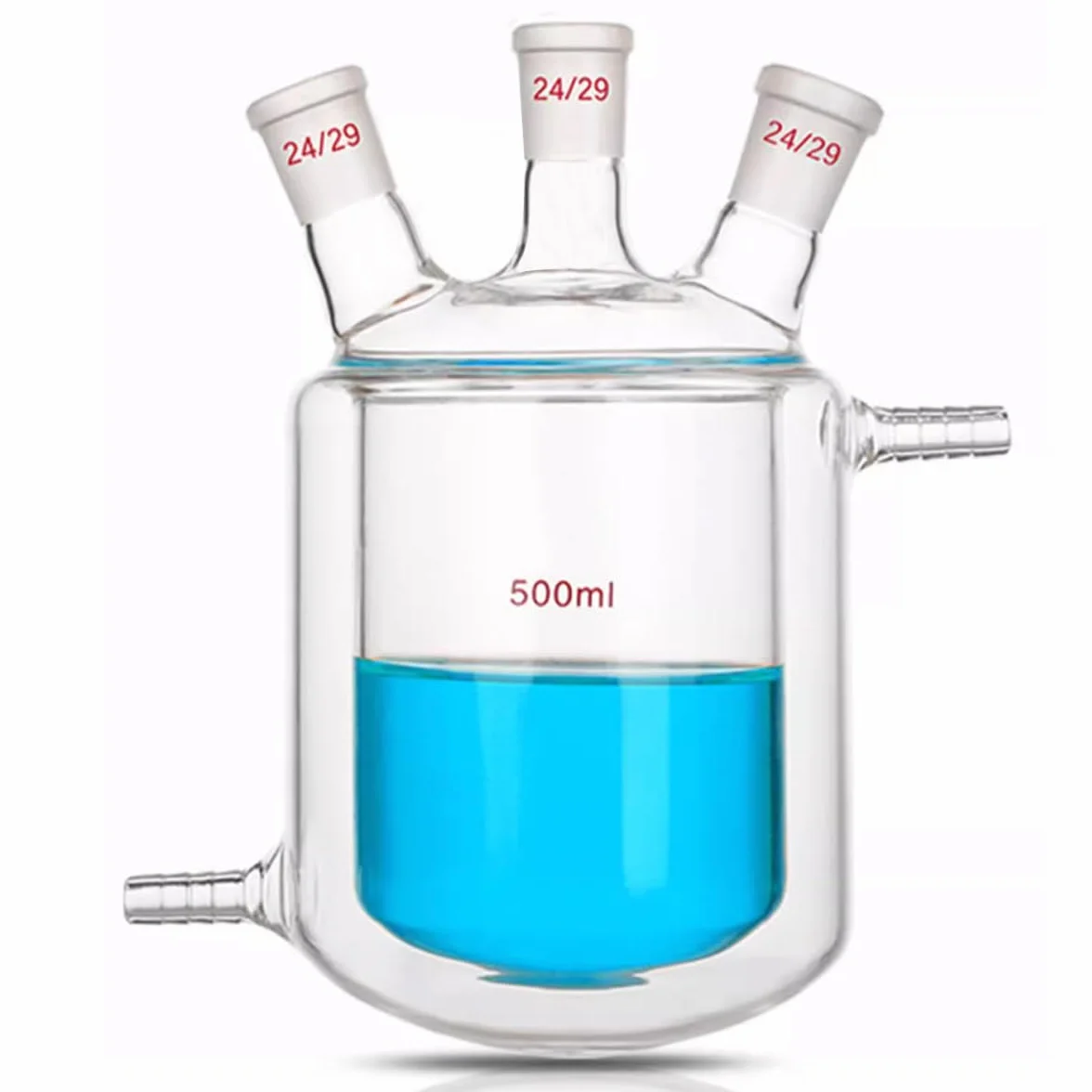 Reactor de chaqueta de laboratorio, botella de reacción de fondo redondo de doble capa 3 cuellos, conectores de vidrio esmerilado 24/29 500 ML