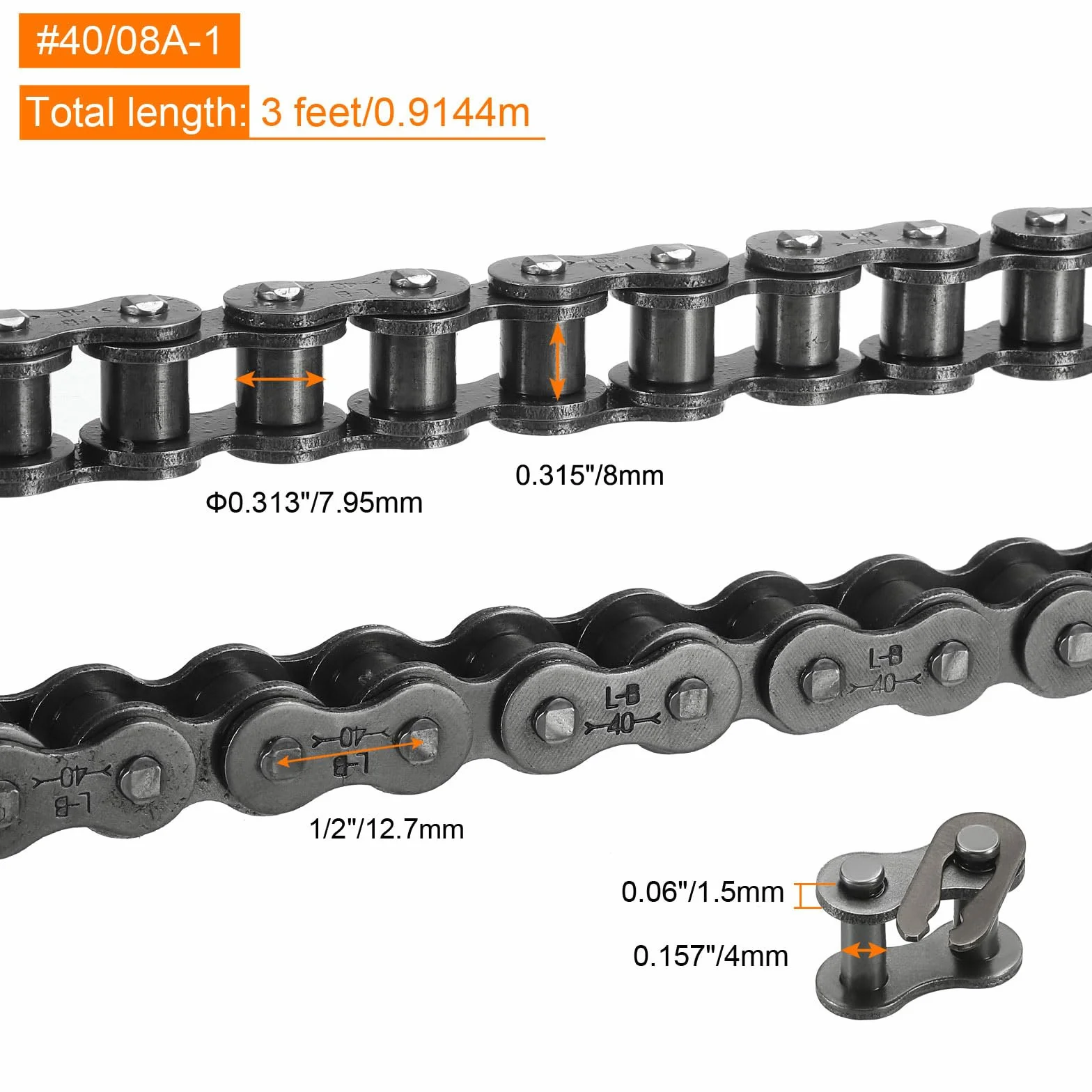 Roller Chain 3 Ft #40/08A-1 1/2" Pitch Carbon Steel 72 Links