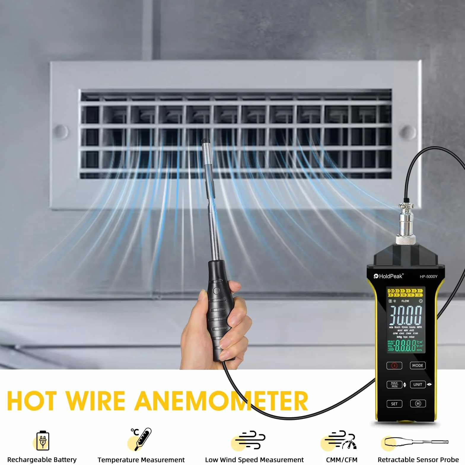 HOLDPEAK Anemómetro digital de alambre caliente CFM CMM medición temperatura sonda telescópica pantalla iluminada USB