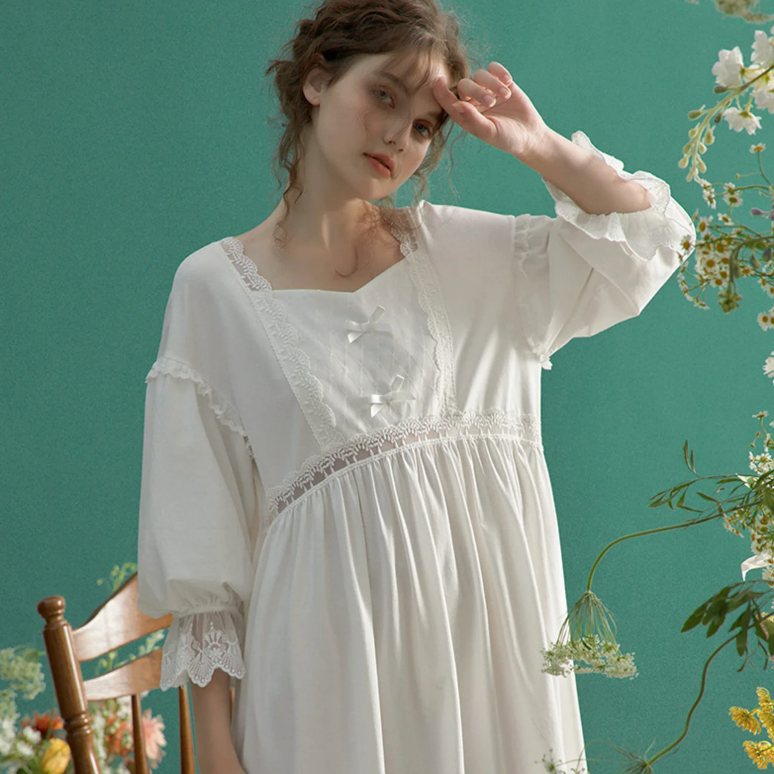 OFFSUM Camisón De Pijama De Mujer - Dulce Moda Algodón Encaje Bowknot Color Sólido Camisón Elegante Primavera Verano Ropa De Dormir Vestido Loungewear
