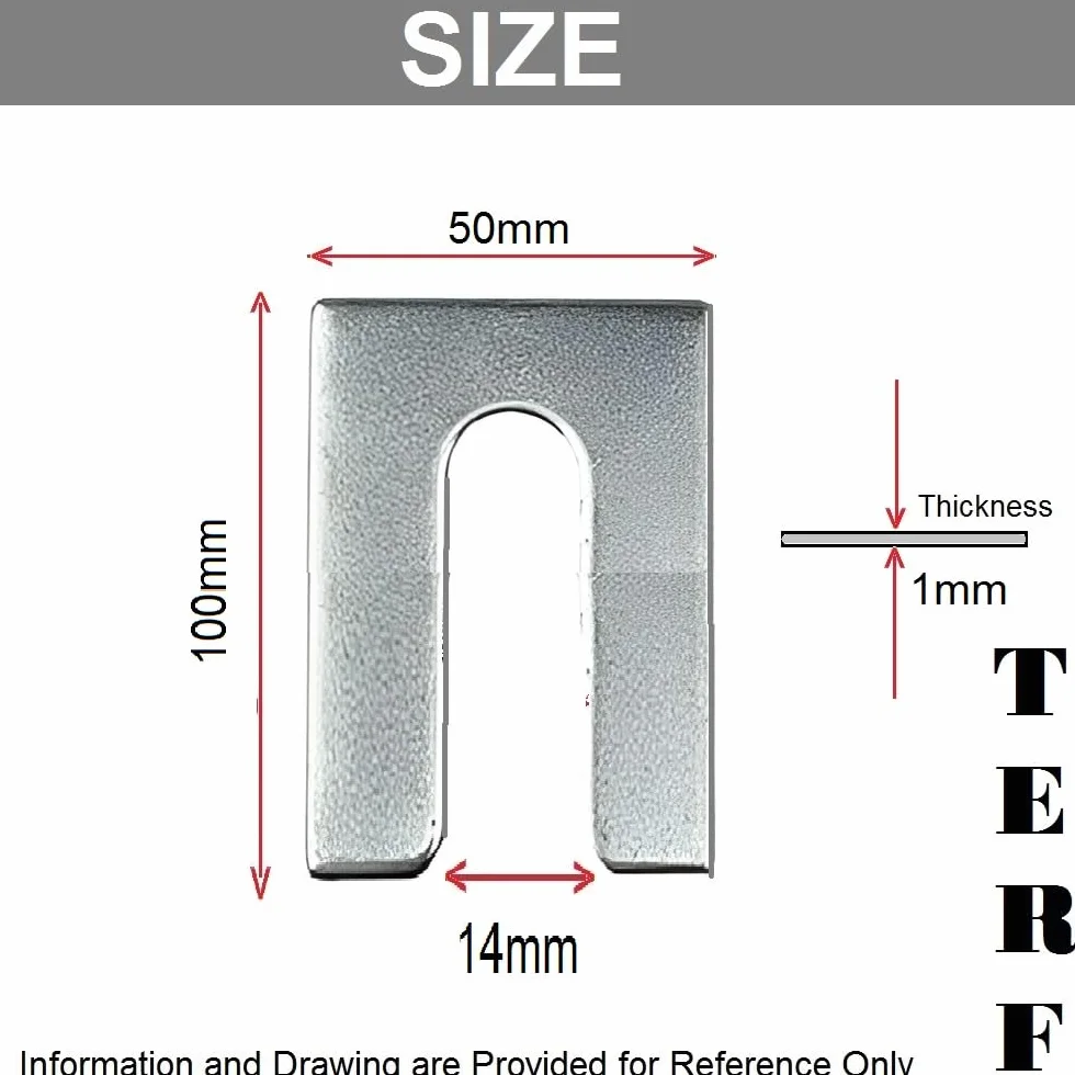 TERF 50 mm x 100 mm x 1 mm ranuras 14 mm acero galvanizado espaciadores metal alineación guardabarros cuña U arandela plana 1 mm paquete 4