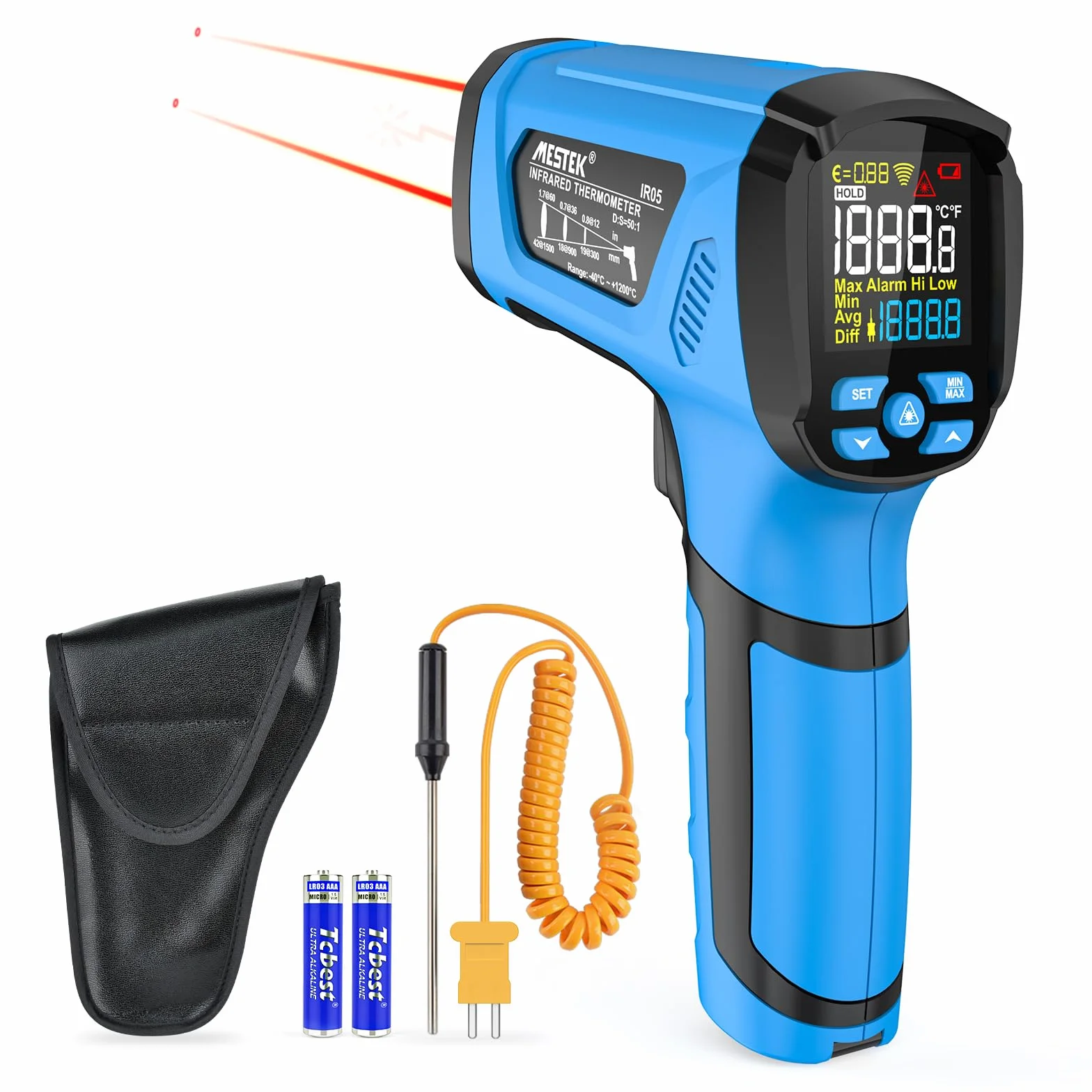 Termómetro Infrarrojos MESTEK -40~1600℃ Medidor de Temperatura Sin Contacto con Emisividad Ajustable