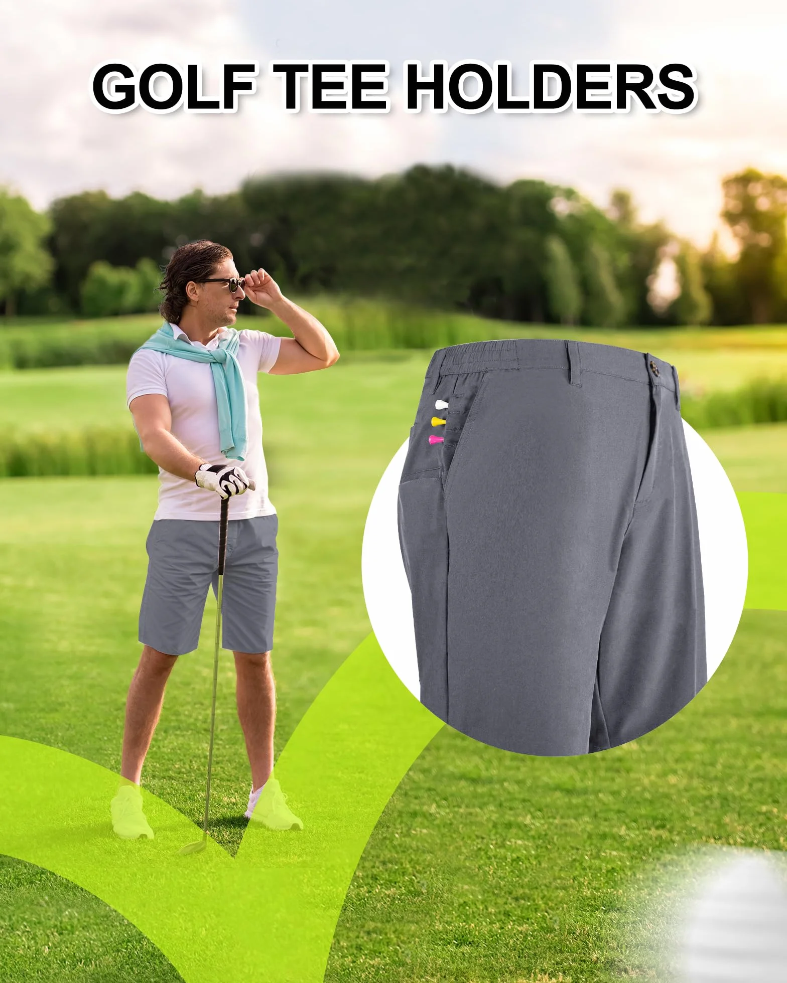 Outdoor Ventures Pantalones cortos de golf para hombre UPF 50+ elásticos, ligeros, de secado rápido, pantalones cortos de golf de 9 pulgadas con 3 soportes para té y bolsillos para golf