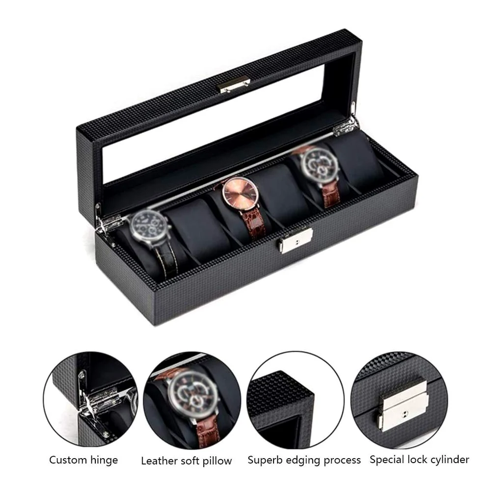 XBTGS Caja de almacenamiento de joyas, organizador de relojes, caja de almacenamiento de 6 ranuras, regalos de cumpleaños para hombres y mujeres,