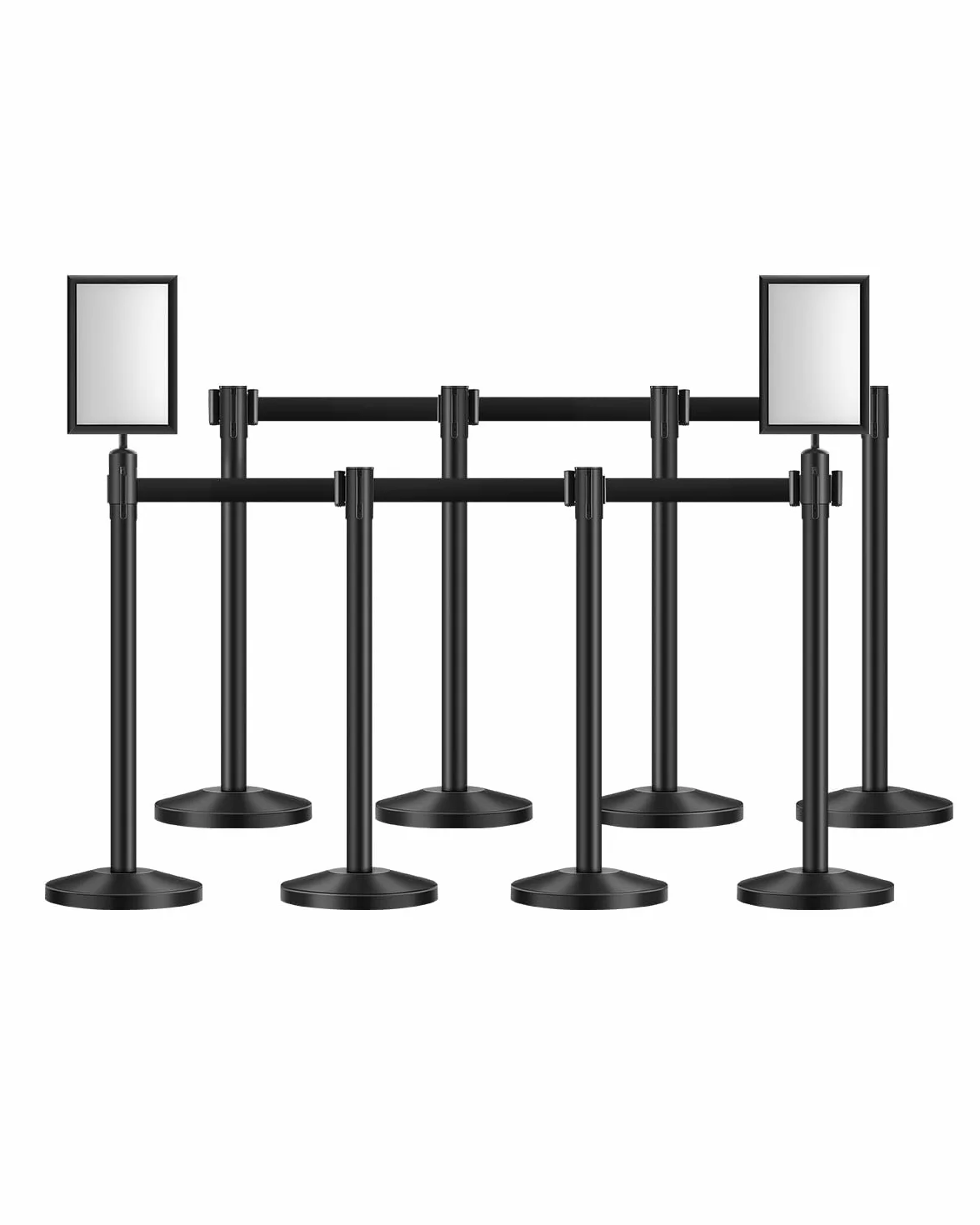 VEVOR 8 PCS Poste de Estaca de Acero al Carbono de 2 m con Base Hueca de Inyección de Arena, Cinturones Retráctiles Negros y 2 Soportes para Letreros, Negro