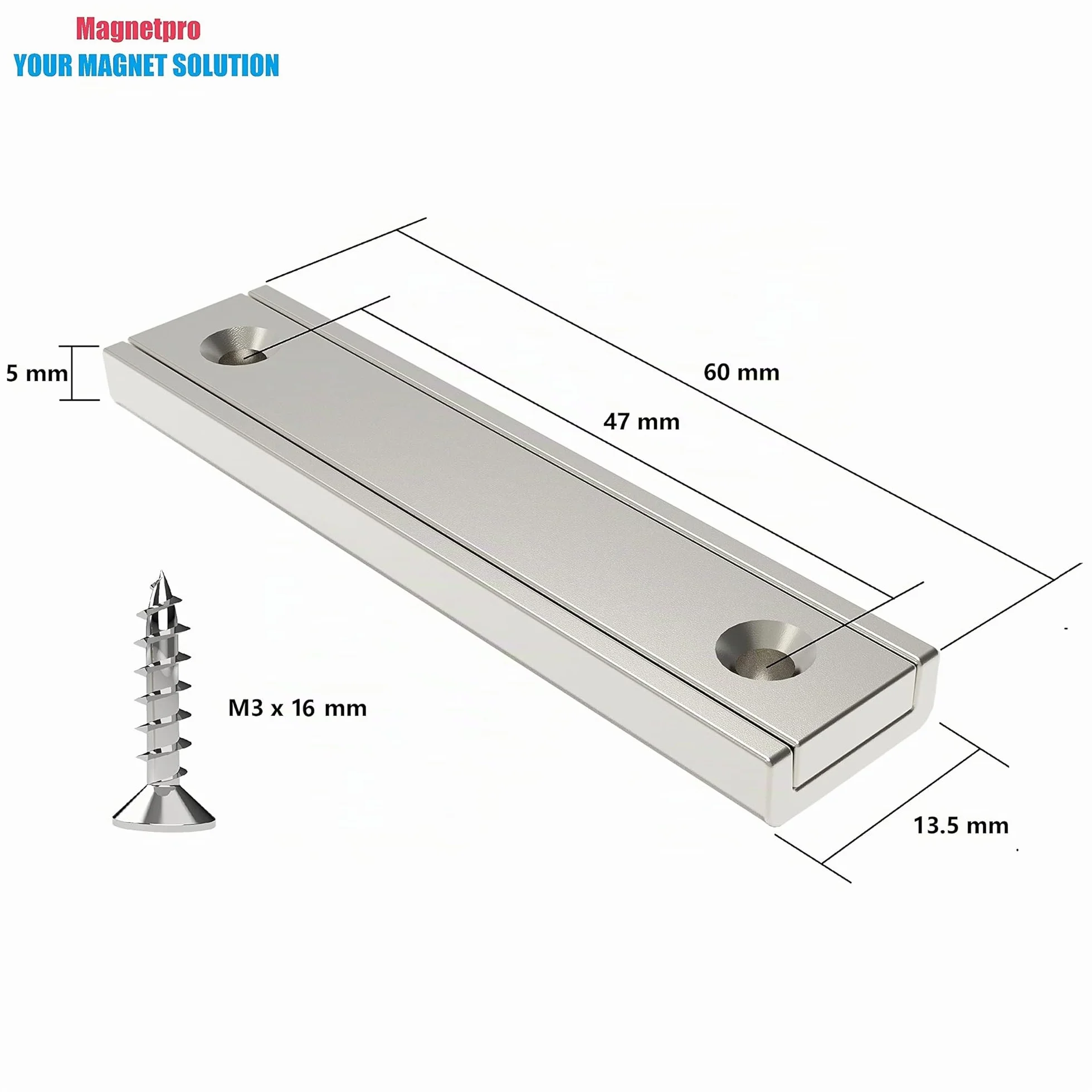 Magnetpro 8 piezas imanes rectangulares neodimio 30 kg 60 x 13.5 x 5 mm agujero avellanado con tornillos de fijación
