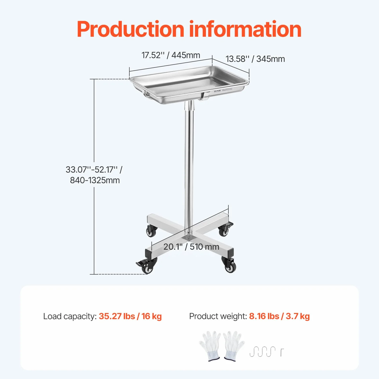 VEVOR Carro de Laboratorio Acero Inoxidable 16 kg Altura Ajustable 84-132,5 cm Bandeja Médica Extraíble
