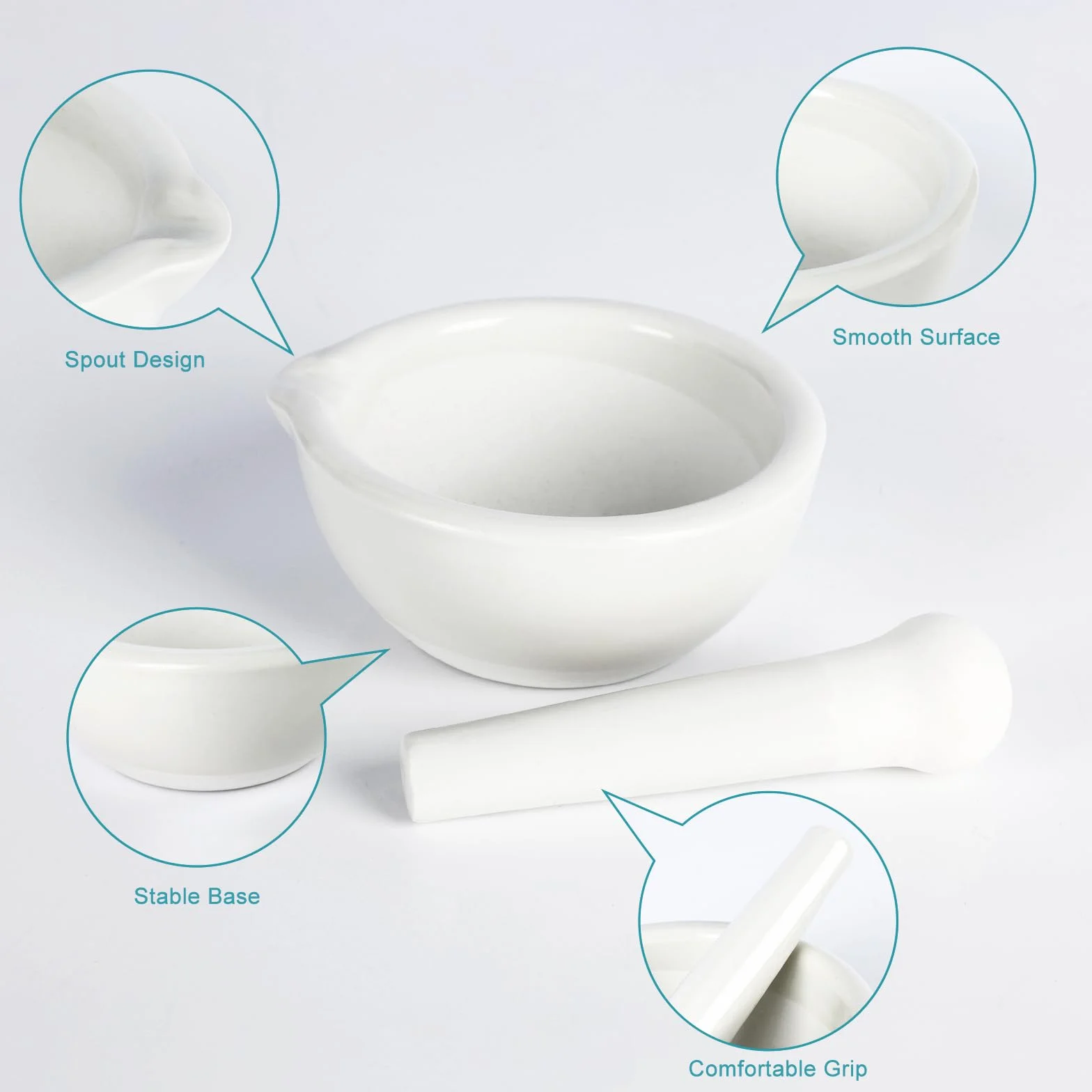 Mortero y Maja de Porcelana 100 mm, Superficie de Molienda Sin Esmaltar, Laboratorio