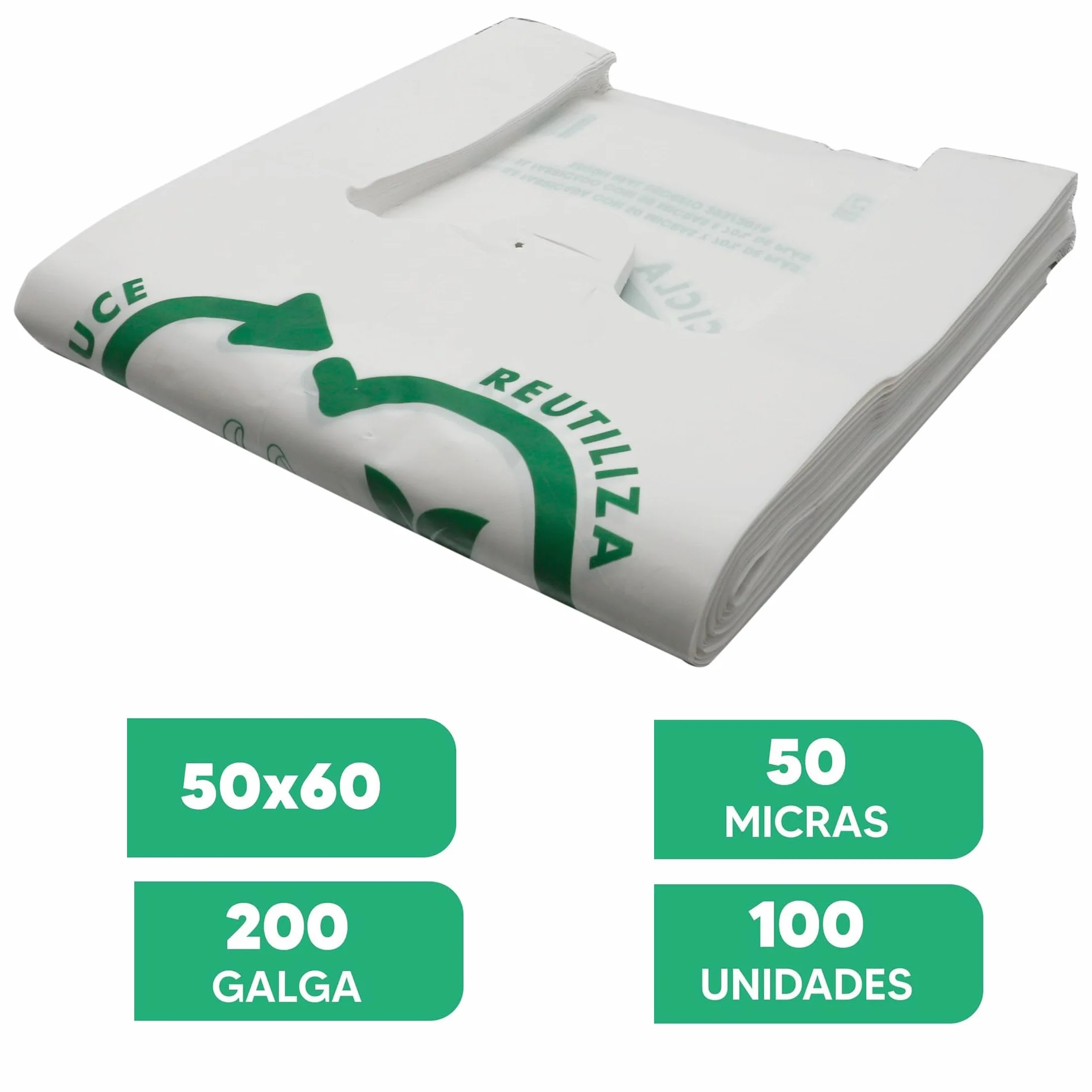 Bolsas de Plástico Asa Camiseta Blanco 50x60 cm 100 Unidades Reutilizables Resistentes 50 Micras 70% Reciclado Aptas Alimentación