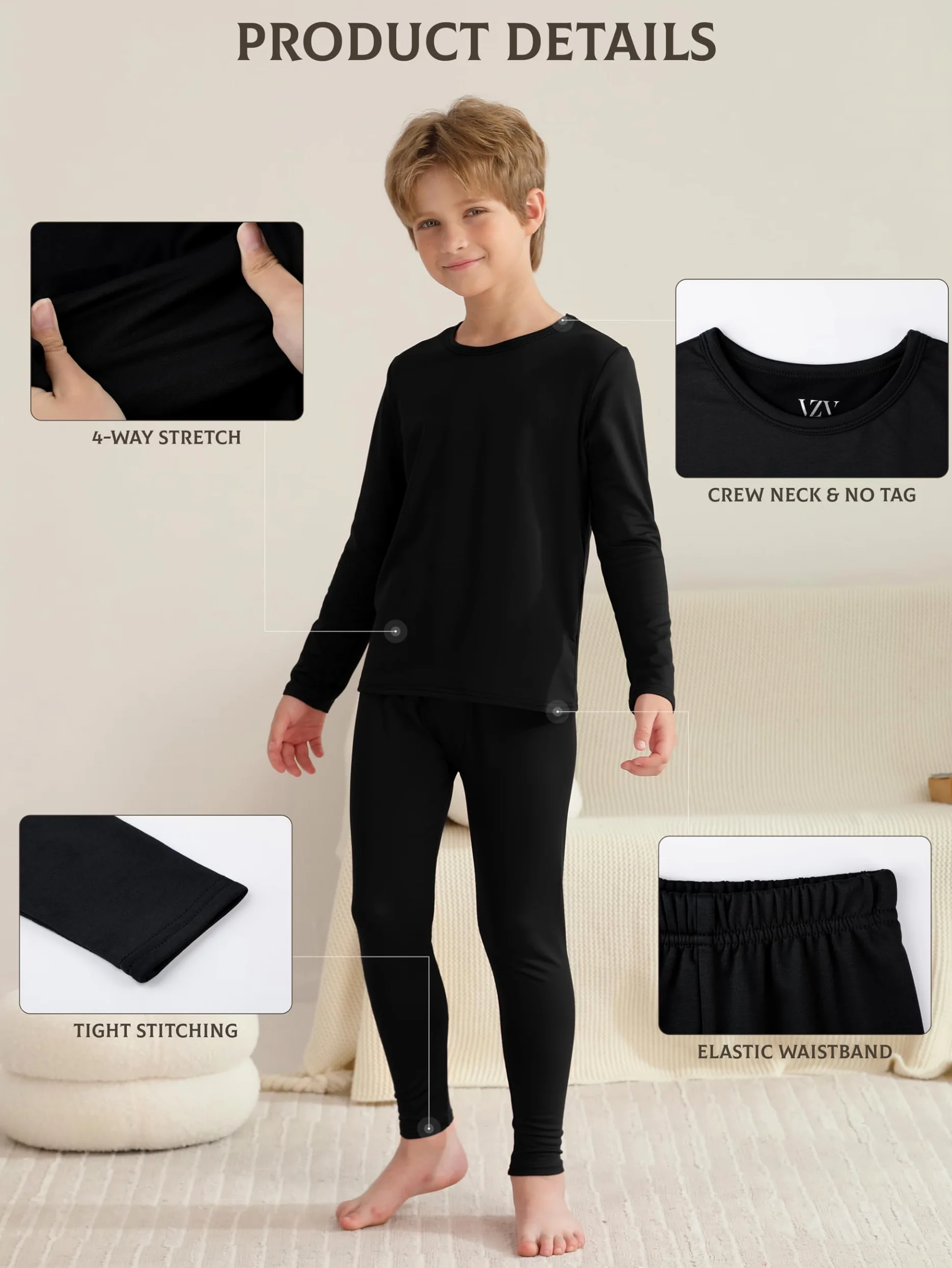 VZV Conjunto de ropa interior térmica para niños, conjunto de ropa interior térmica para niños, capas base con forro polar en la parte superior inferior para esquí y clima frío