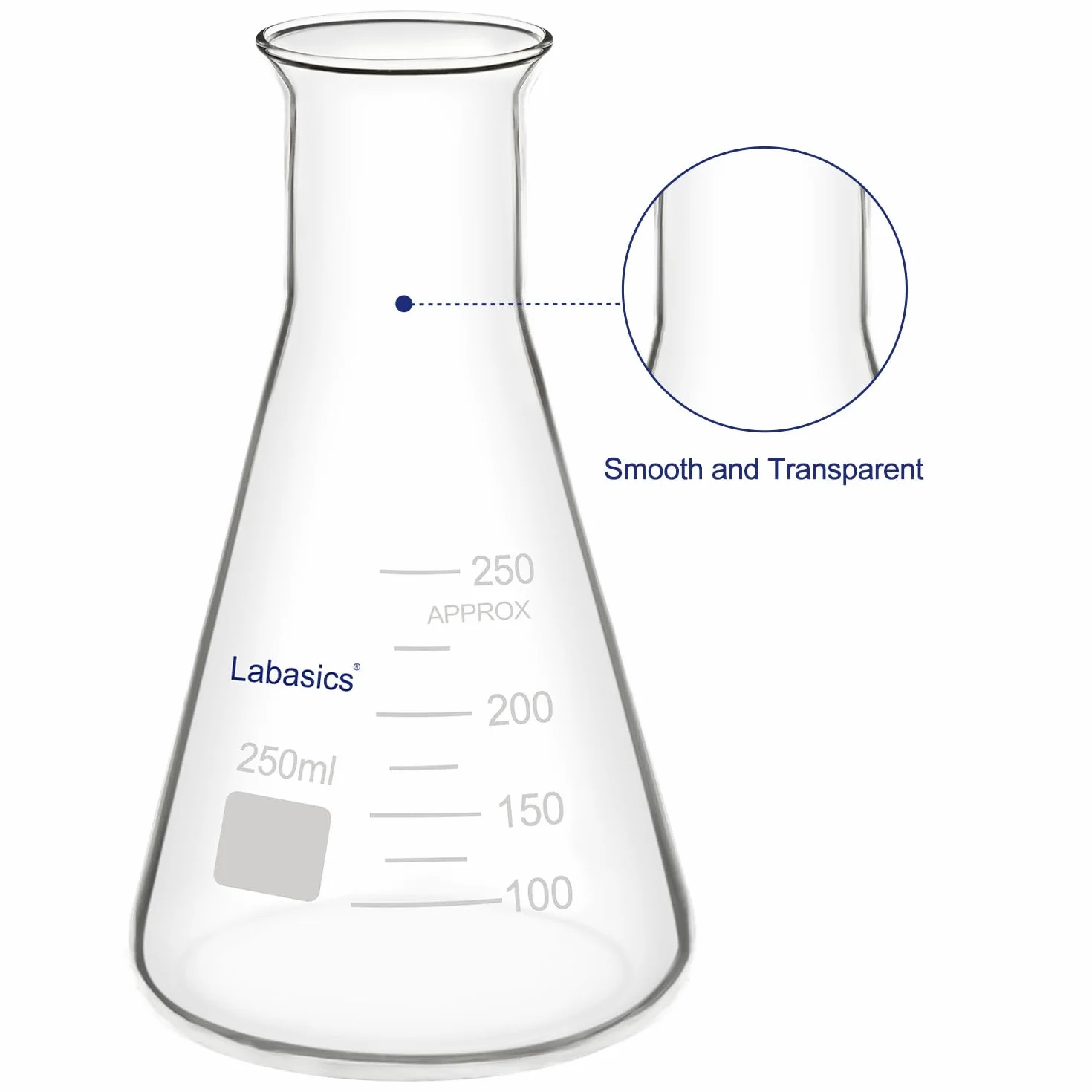 Labasics Vidrio Boca Ancha Erlenmeyer Matraz, Borosilicato, 250 ml