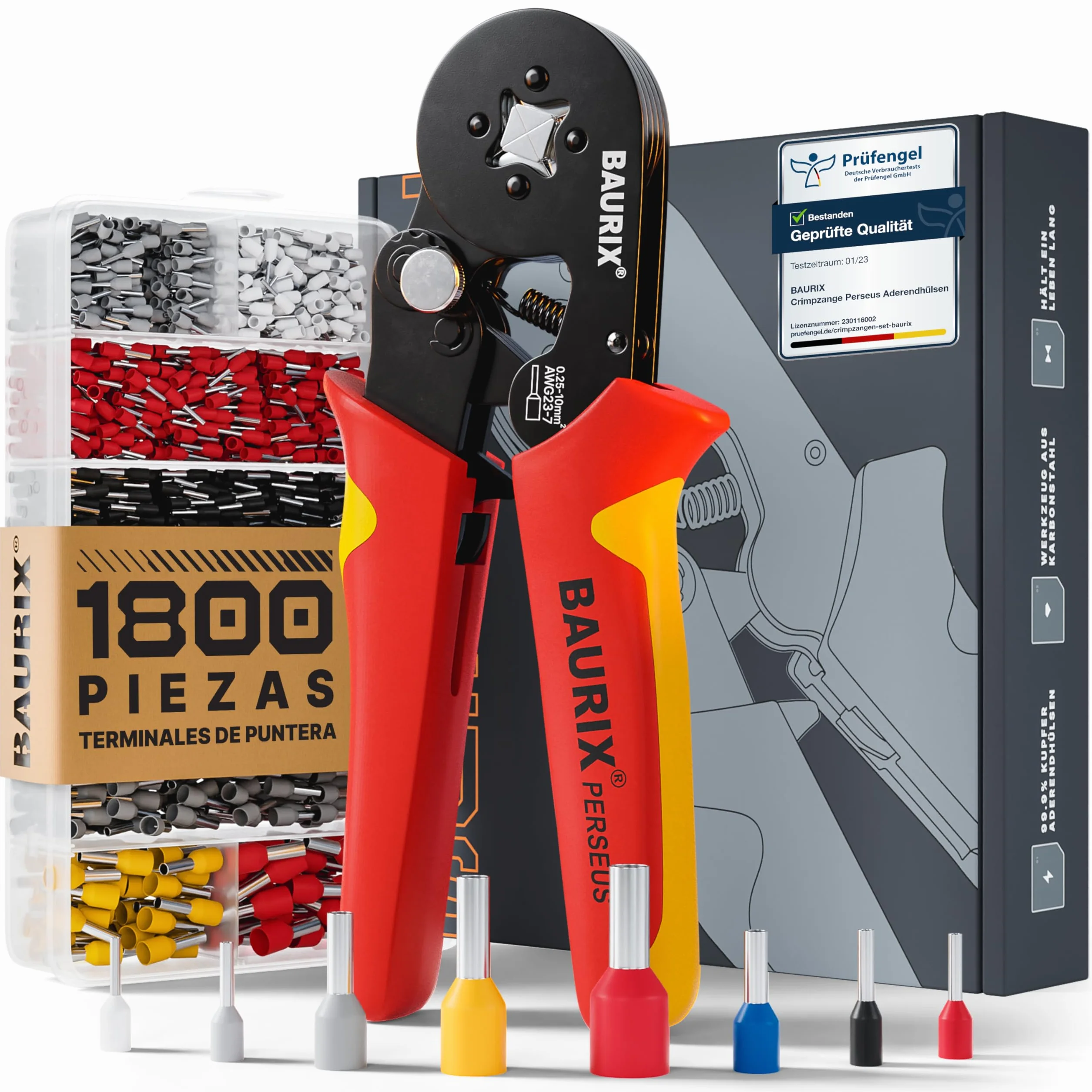 BAURIX® Crimpadora Terminales Eléctricos Kit 1800 punteras 0,25-10 mm² Autoajustable