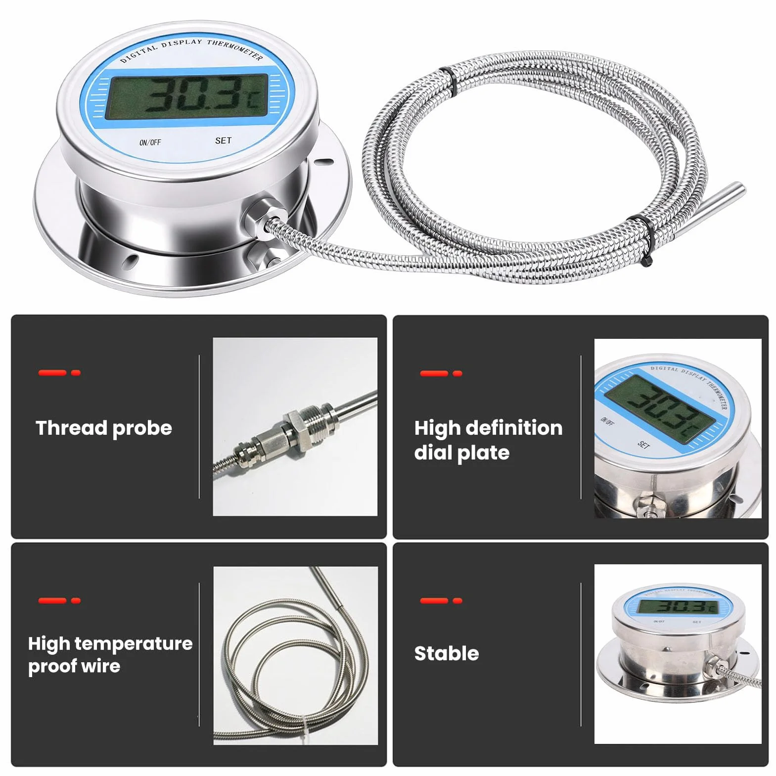Termómetro Digital Sonda Roscada 2 M Acero Inoxidable -50 a 200 ℃ Industrial Tuberías