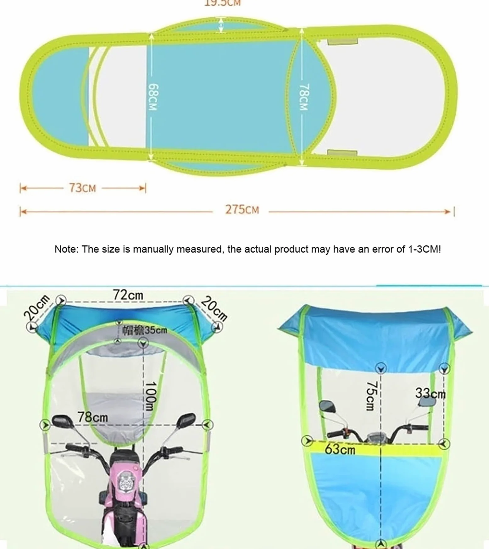 Cubierta Universal para Parasol de Motocicleta eléctrica, Paraguas para Scooter de Motor Completamente Cerrado, Parasol de Movilidad y Cubierta para Lluvia Impermeable (Azul)