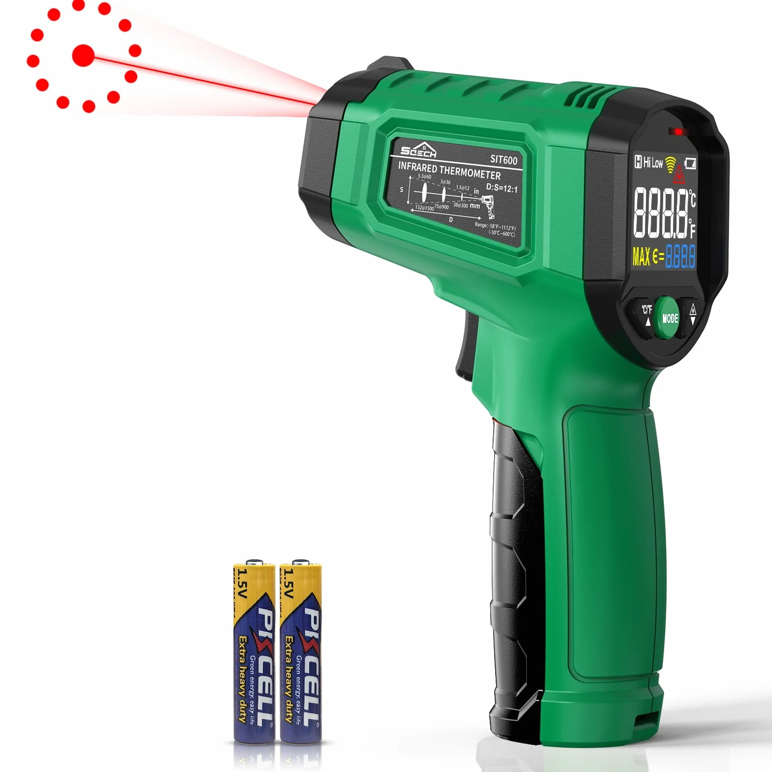 Termómetro Infrarrojo SQECH Láser -50℃~600℃ Emisividad Ajustable Retroiluminación Color Verde