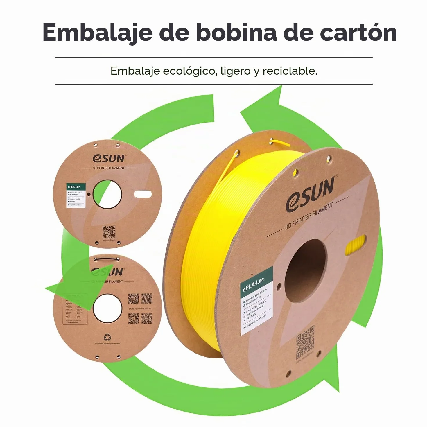 eSUN Filamento PLA 1.75mm 1KG Carrete Precisión Dimensional +/- 0.03mm Amarillo