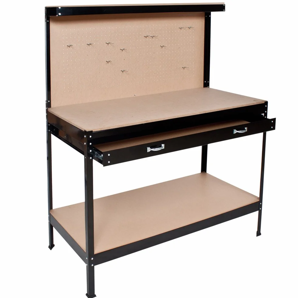 tectake Banco de Trabajo Mesa de Taller 12 Ganchos Panel Herramientas Cajón Grande 120x60x156 cm