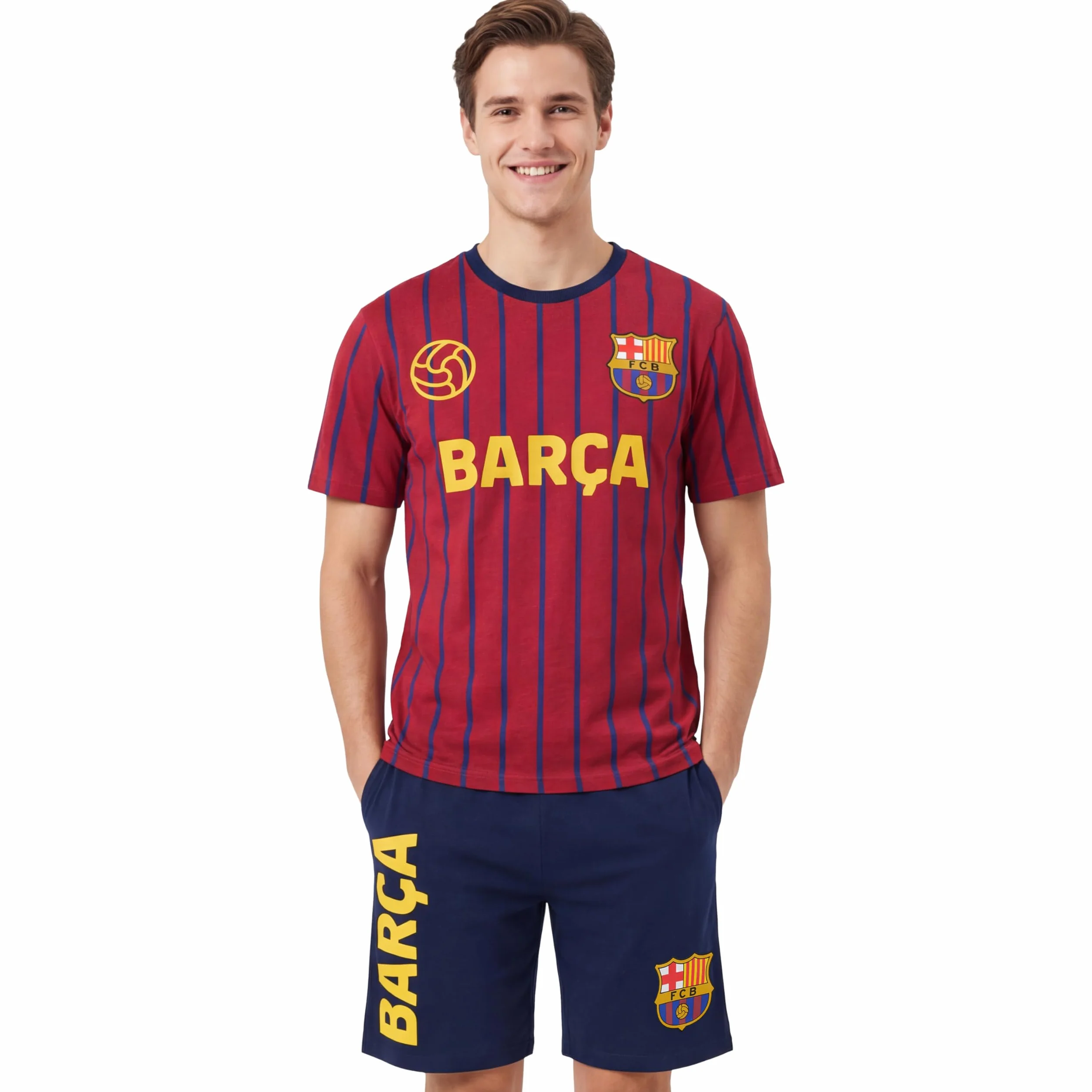 Get Trend Real Madrid | FC Barcelona Pijama Hombre, Conjunto Verano Camiseta Hombre Manga Corta y Pantalón Corto, 100% Algodón, Regalo Futbol