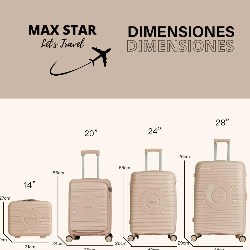 Max Star-Juego De Maletas 4 Piezas con Neceser Rigidas,4 Ruedas Dobles,Medidas Grande.76cm,Mediana.66cm,Pequeña.55cm Cabina, Material Polipropileno,Cerradura TSA,MS-2302 (Rose Gold)