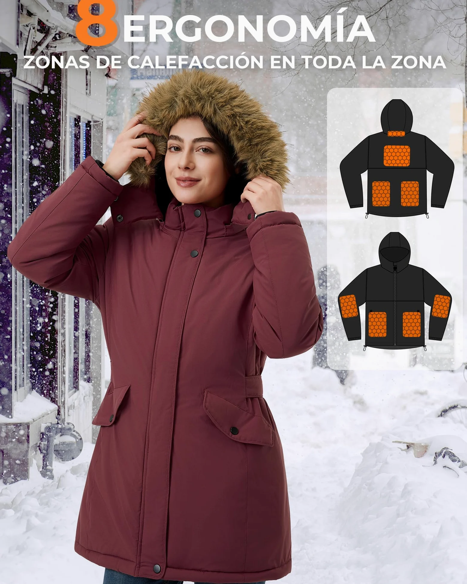 Chaqueta Calefactable Mujer Con Batería De 12V 18400 Mah, 8 Zonas De Calentamiento con 3 Niveles de Temperatura, Chaqueta Cortaviento y Cálido de invierno con Capucha de ExtraíBle,Rojo,S