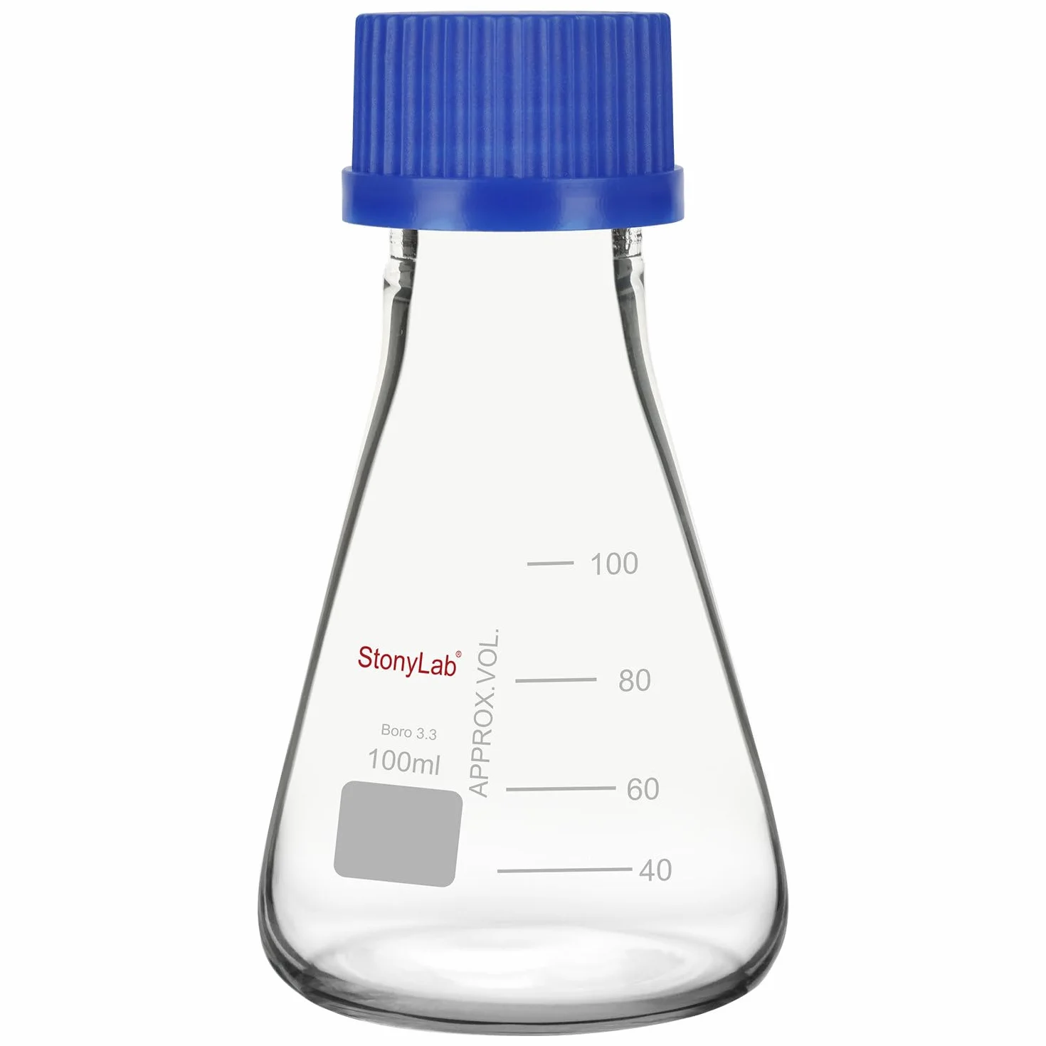 Matraz Erlenmeyer con Tapa de Rosca Azul, Vidrio Borosilicato Graduado para Laboratorio 100 ml