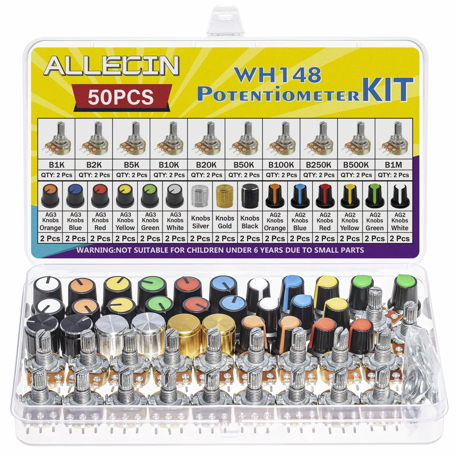 WH148 Potenciómetro Lineal Rotativo Cónico B1K B2K B5K B10K B20K B50K B100K B250K B500K B1M 3 Terminales con Perilla