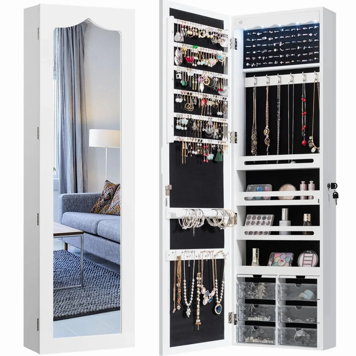 RELAX4LIFE Espejo Joyero de Pared con Iluminación LED, Espejo de Cuerpo Entero y 6 Cajones, Armario Joyero con Cerradura para Pendientes, Pulsera, Cadena, Anillos, 36,5x11,5x120cm, Blanco (Estilo 1)