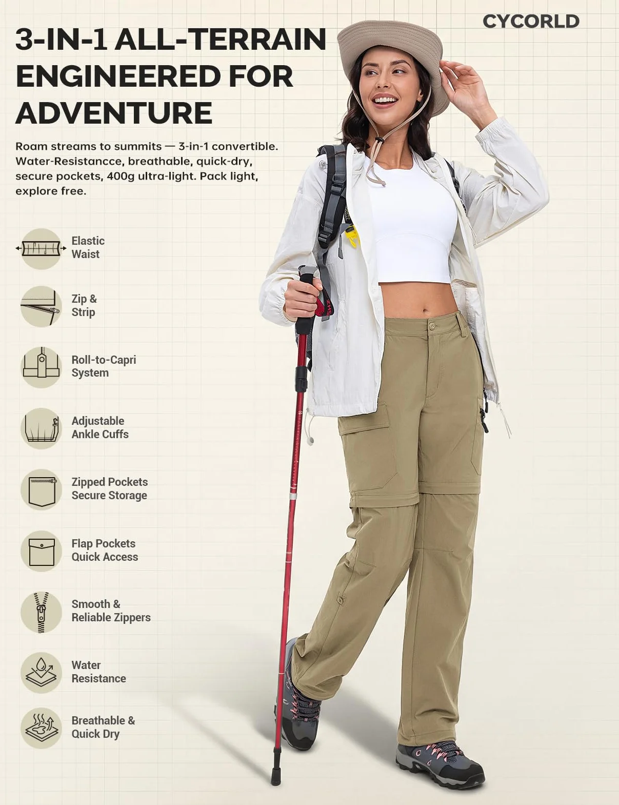 Cycorld Pantalones de senderismo para mujer, pantalones de trekking, transpirables, elásticos, pantalones de trekking desmontables, con cremallera, para verano, pantalones funcionale