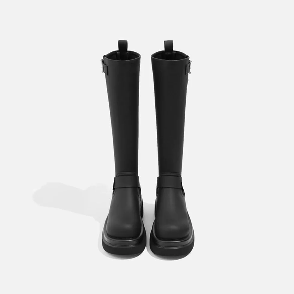 Botas De Montar Mujer Tacón Grueso Punta Redonda A Media Pantorrilla para Otoño Invierno Exterior Y Uso Diario Cuero PU Transpirable Forro Cálido