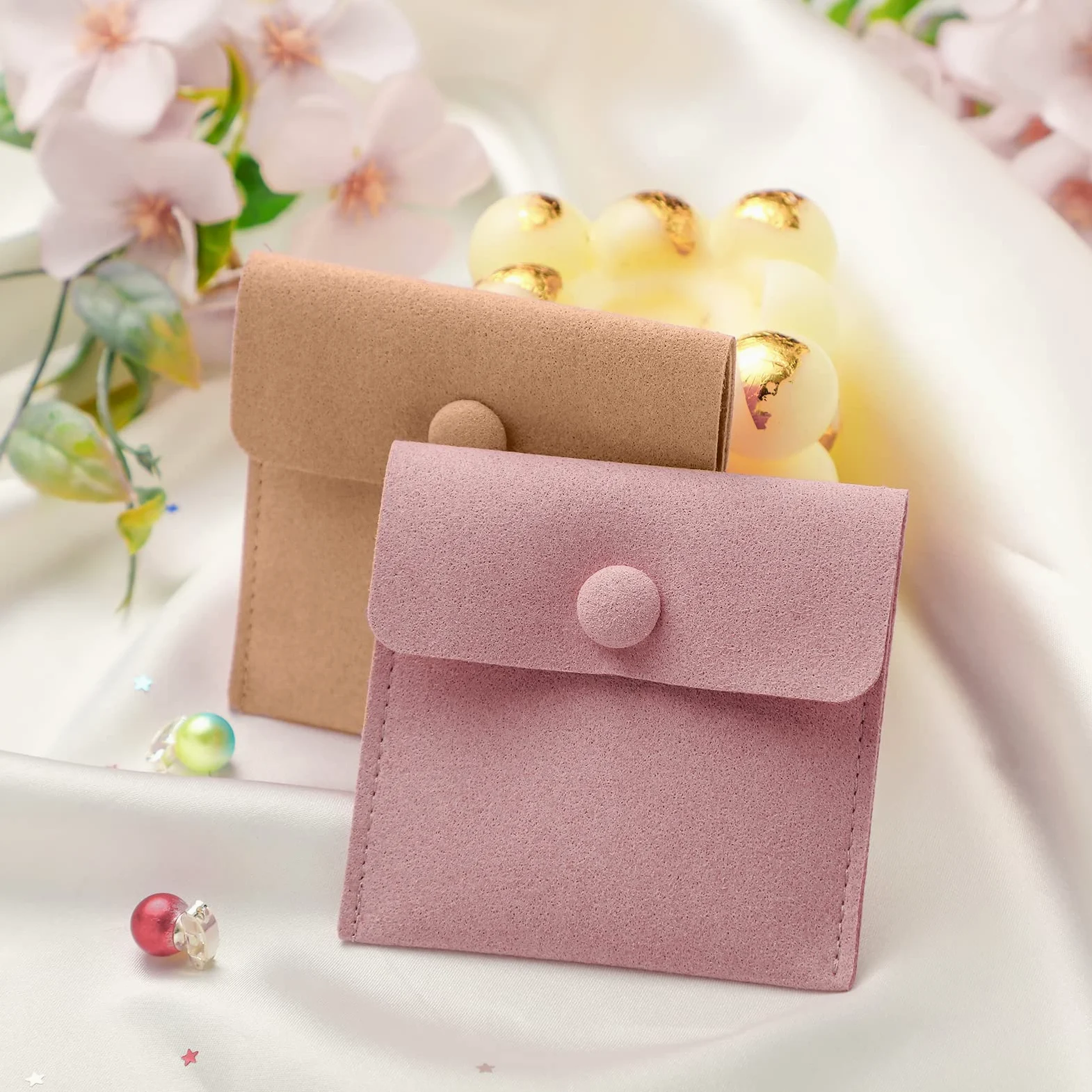 Bonuci Bolsa de microfibra para joyas, 8 x 8 cm, bolsa de embalaje de joyería, bolsa de regalo pequeña de lujo, botón a presión con divisor, bolsa de microfibra para embalaje de pulseras y collares