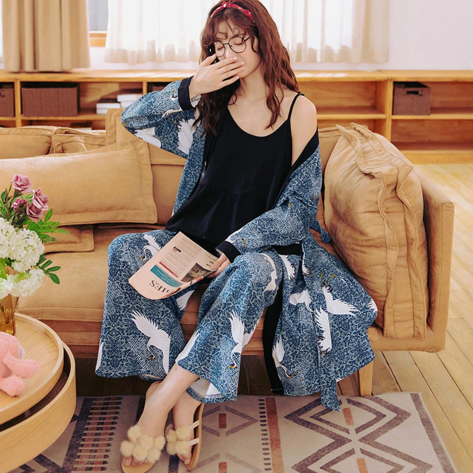 Camisón, Conjuntos de pijama de otoño e invierno para mujer Estilo japonés Kimono Pijama de algodón Mujer Tallas grandes Ropa de descanso para el hogar Batas Ropa de dormir de animales XXXL80-90KG BFY