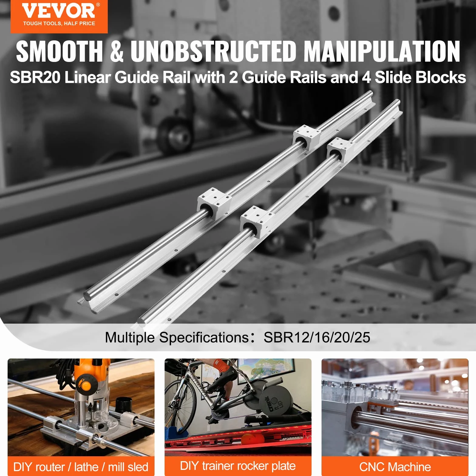VEVOR Riel de Guía Lineal SBR20 800 mm con 4 Bloques SBR20UU para CNC Router Torno Impresora