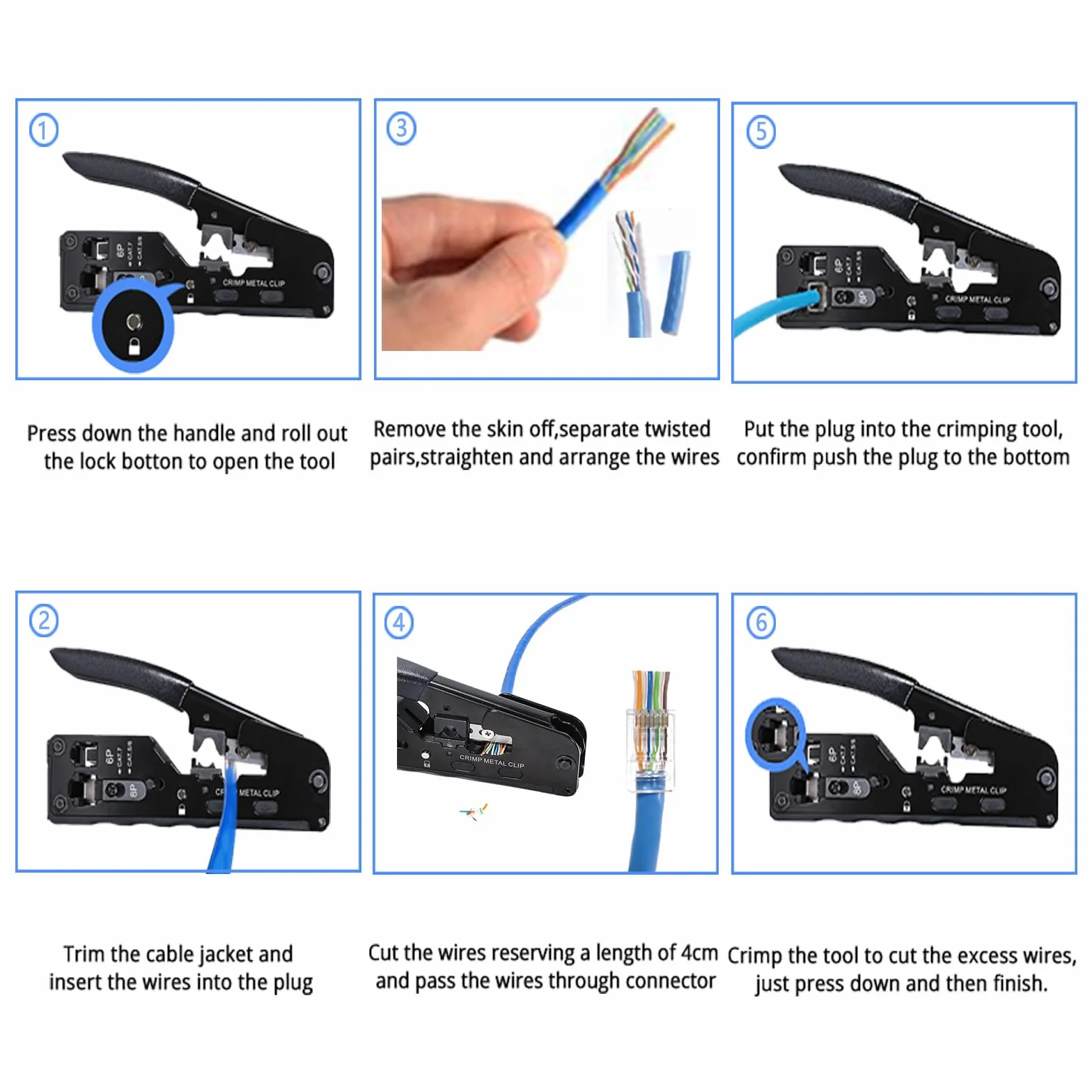 Herramienta de crimpado RJ45 RJ12 todo en uno, crimpadora Ethernet para conector modular Cat5-Cat7, con 50 conectores y cubiertas CAT6
