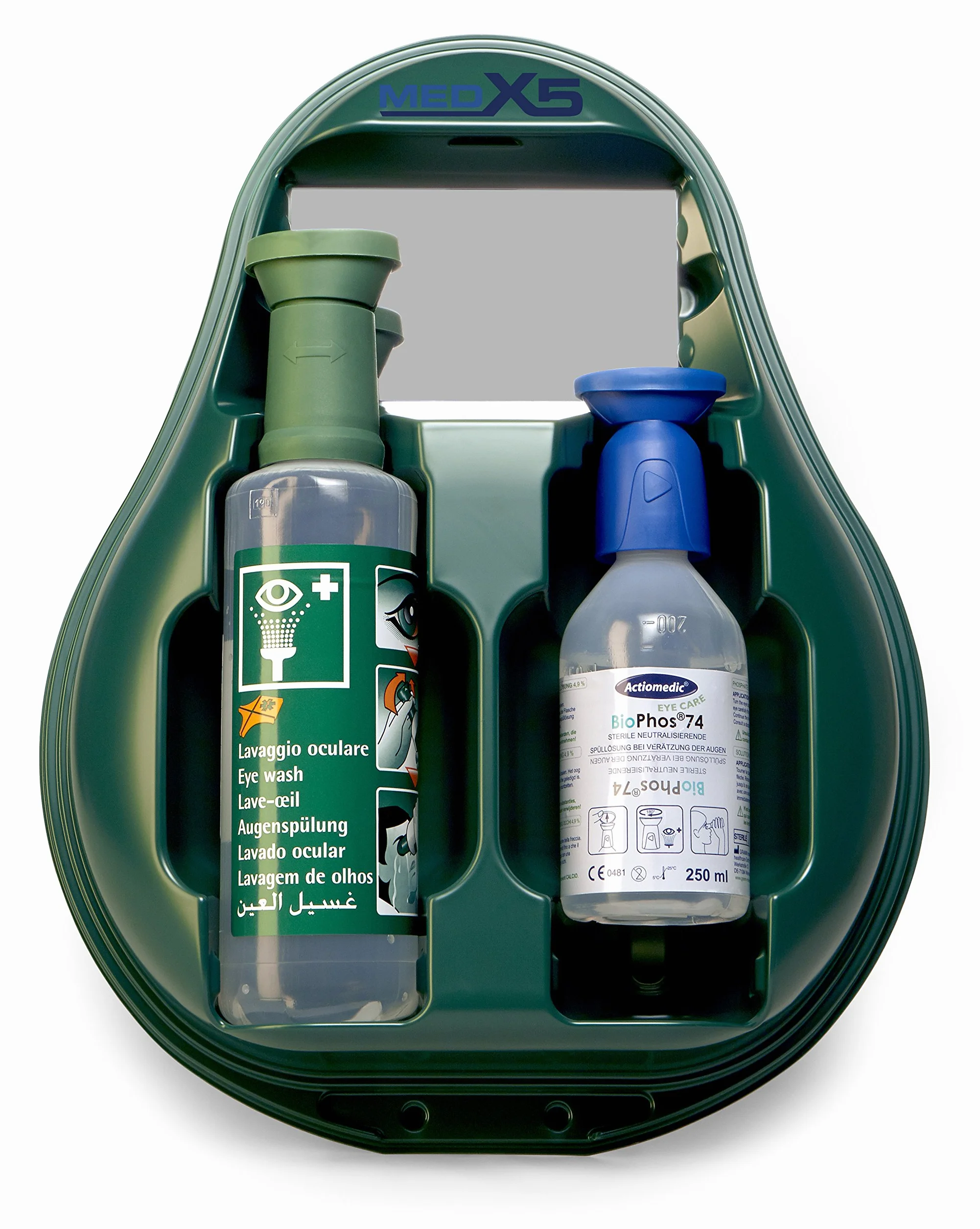 MedX5 Ducha Ocular de Emergencia, Lavado de Ojos con Solución Salina 0,9% y BioPhos 74, Estación con Espejo