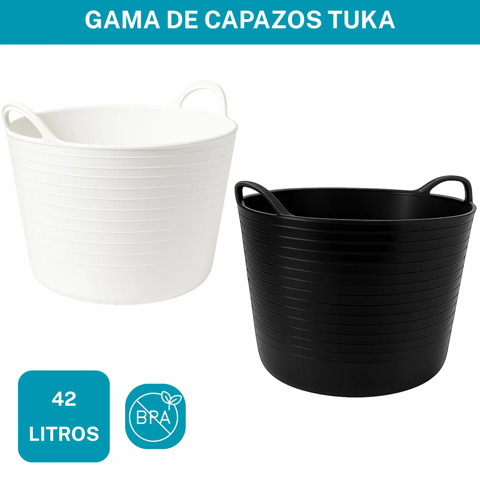 TUKA Pack de 2 Capazos de Plástico 42L Negro Profesional Resistente Multiusos