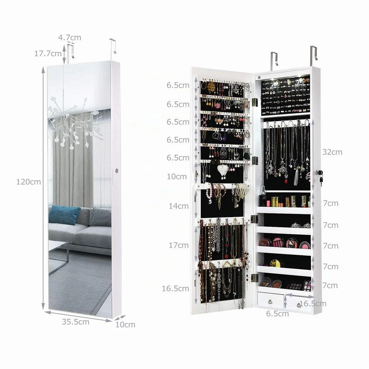 GIANTEX Armario Joyero con Luz LED, Armario de Joya con Espejo de Cuerpo Entero, Montado en la Puerta o en la Pared, Espejo Joyero con Cerradura, Organizador para Joyas, Pendientes, Collares (Blanco)