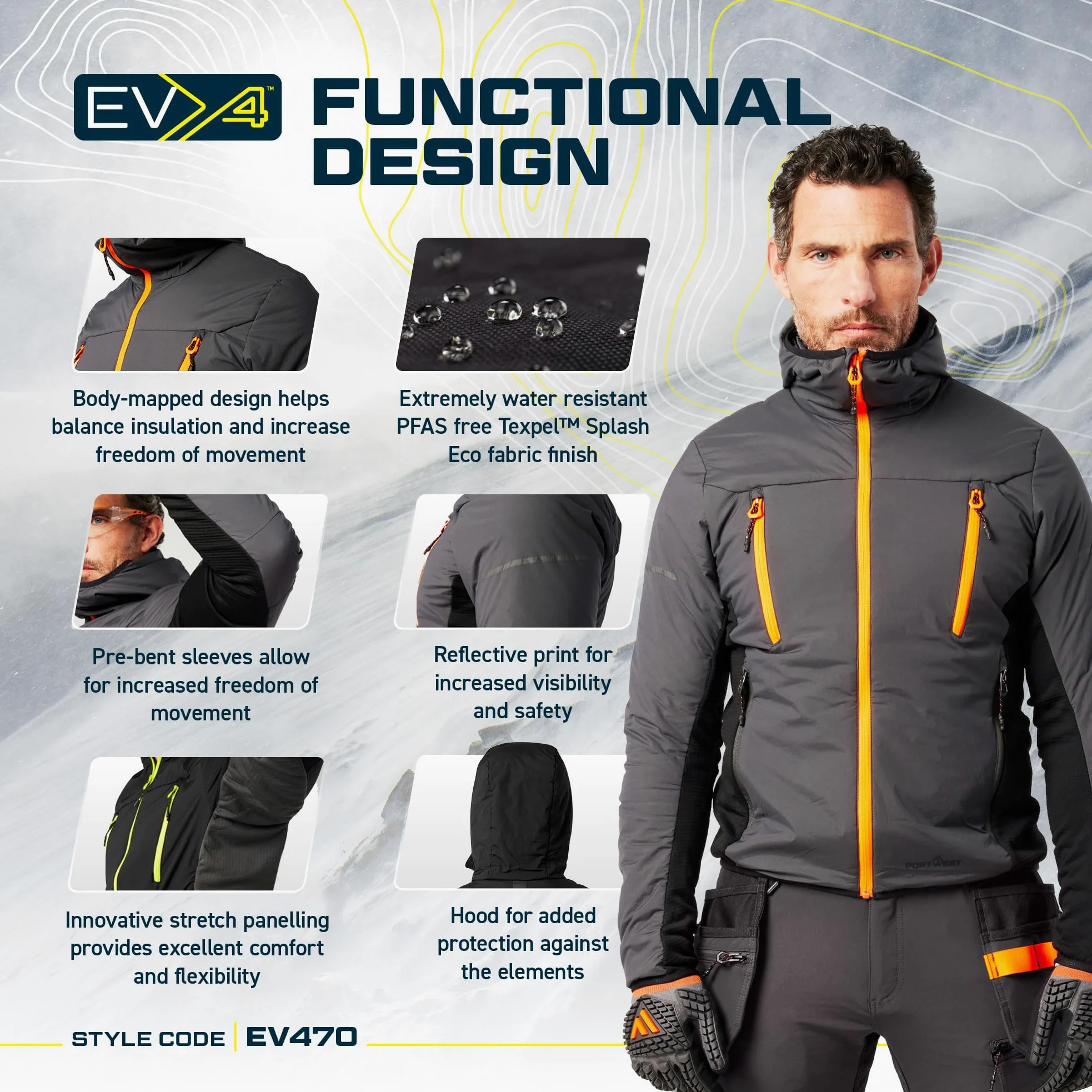 Portwest EV470 Men's Insulated Hybrid Jacket - Lightweight Breathable Reflective Workwear Jacket with Hood