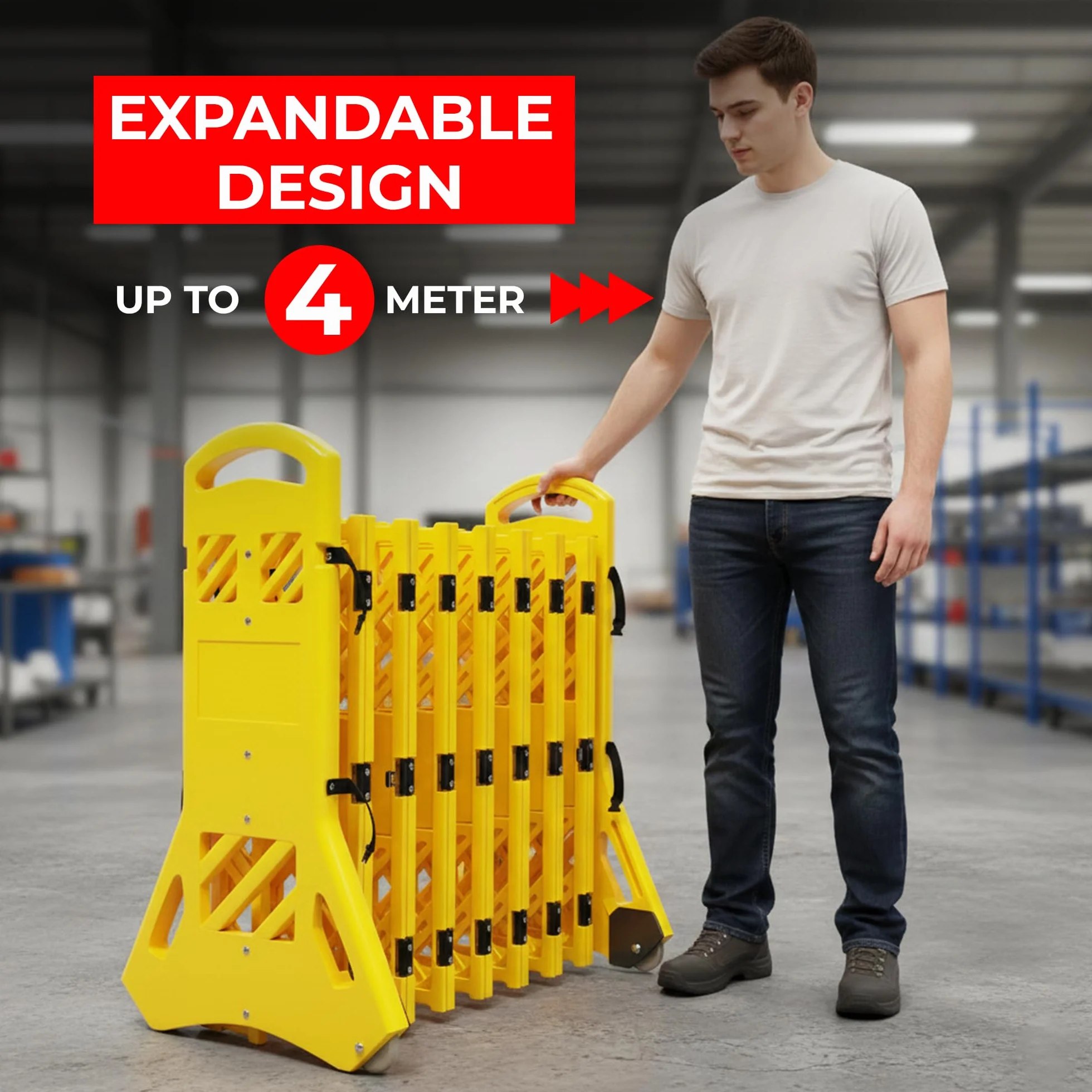 Barrera de plástico plegable expandible Amarillo | Barricada seguridad móvil retráctil | Control tráfico temporal peatonal