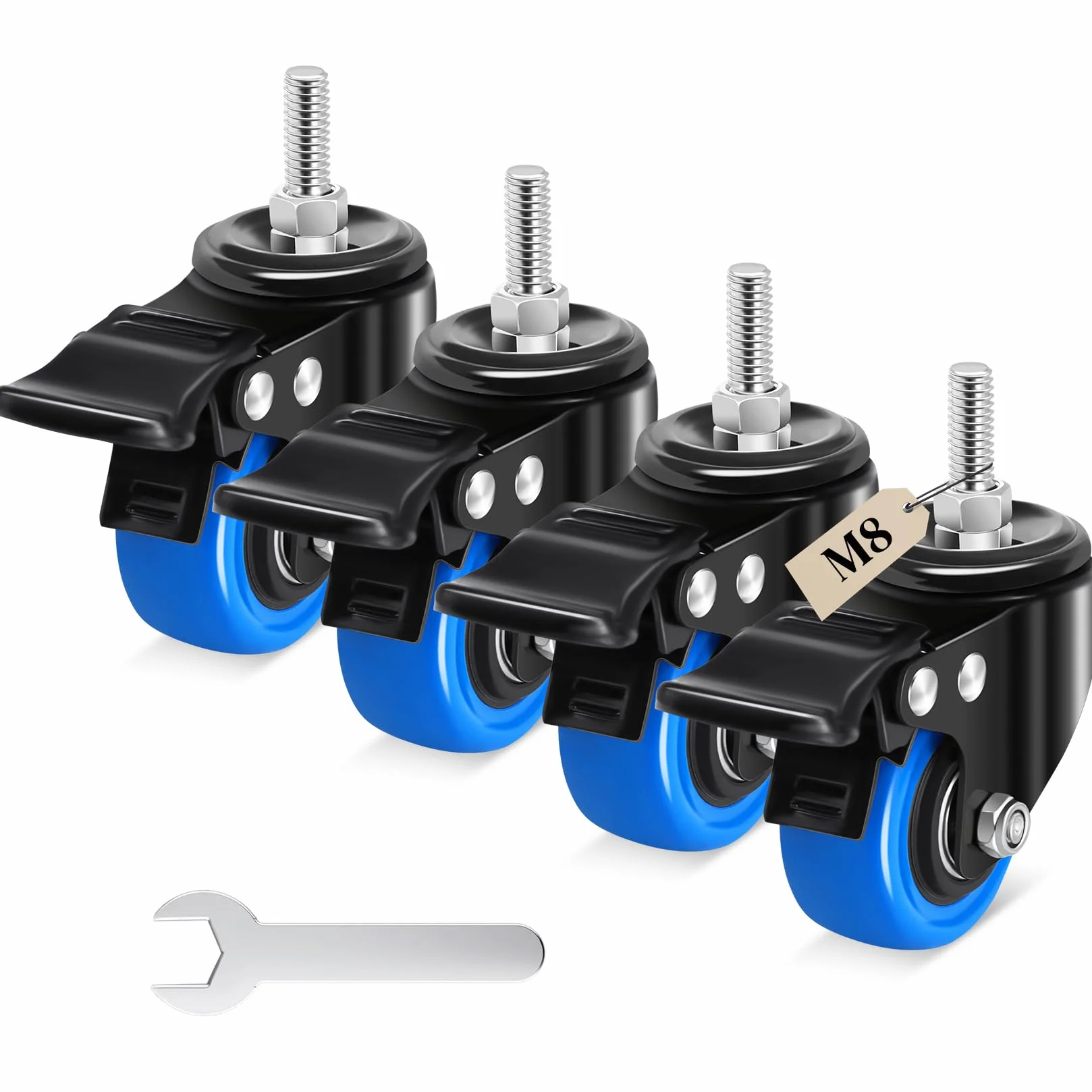 Ruedas para Muebles Pesados 50mm con Vástago Roscado M8 x 1,25x 25mm, Giratorias Carga 270KG, 360° Pivotantes con Freno, Juego de 4
