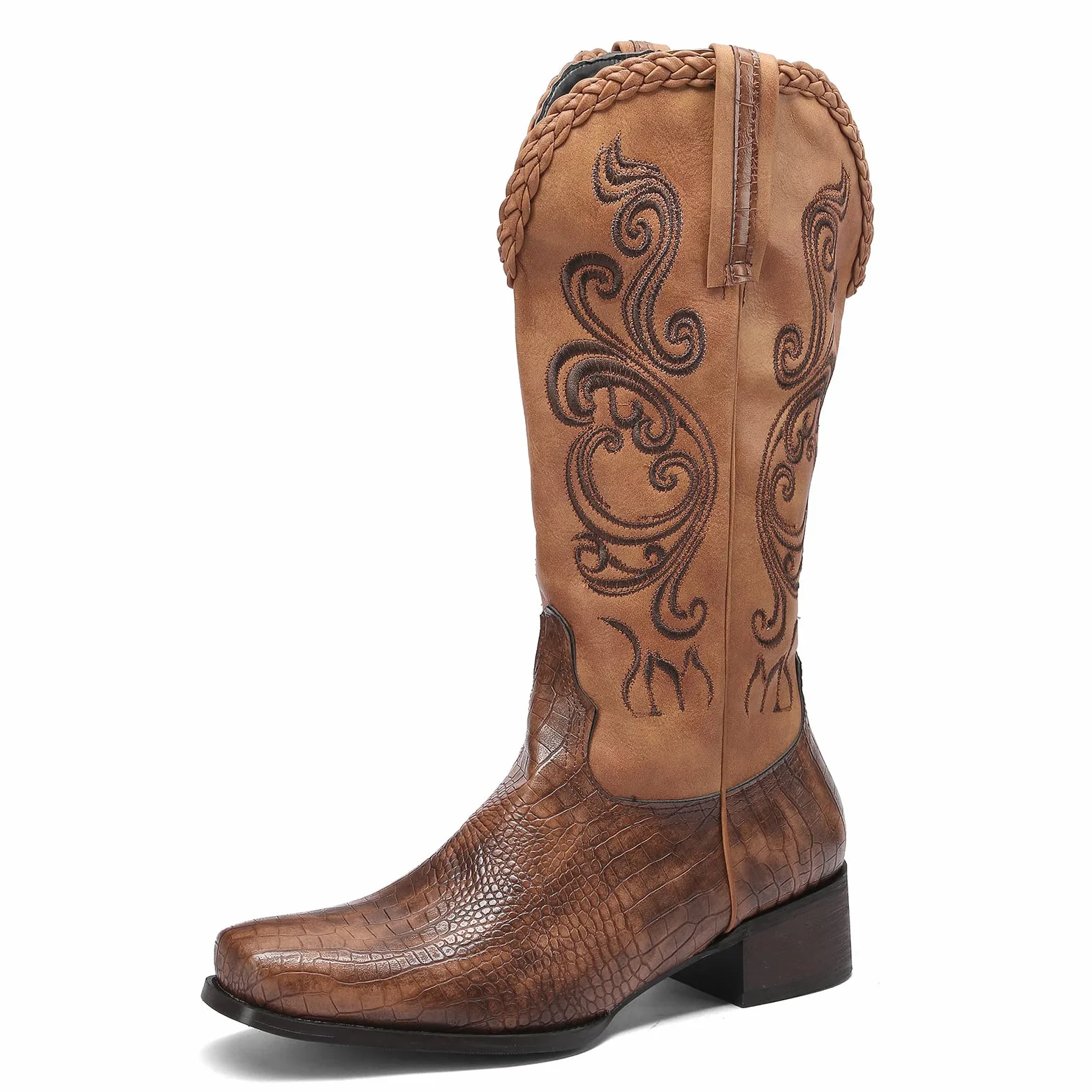 Lizoleor Botas Hasta la Rodilla de Mujer Punta Cuadrado Vaqueras Occidentales Clasico Bordado