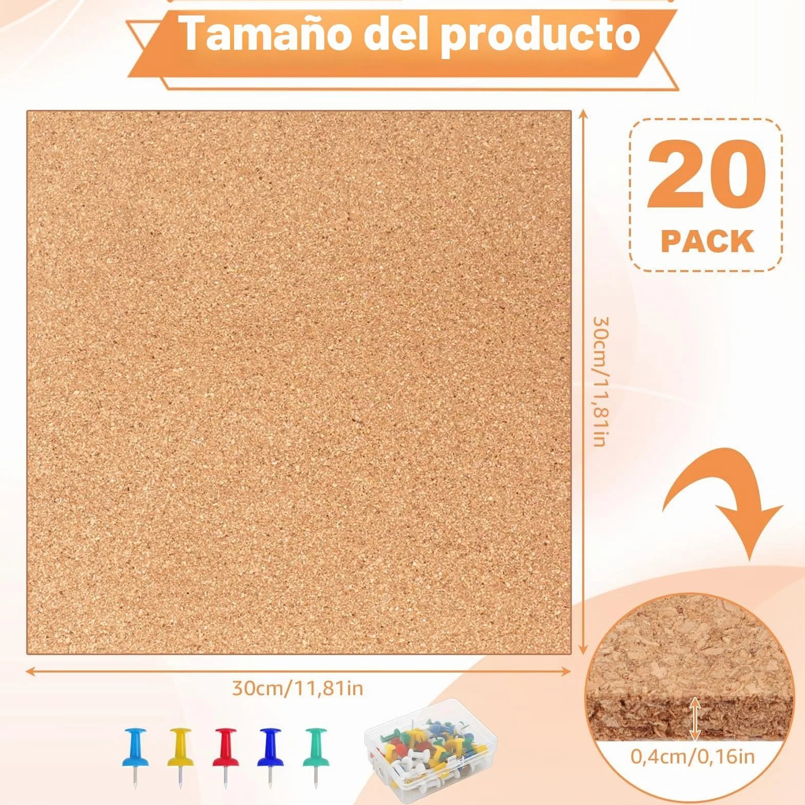 Tablero Corcho sin Adhesivo 30x30 cm, 20 Piezas Autoadhesivo Pared con 60 Chinchetas para Fotos Notas